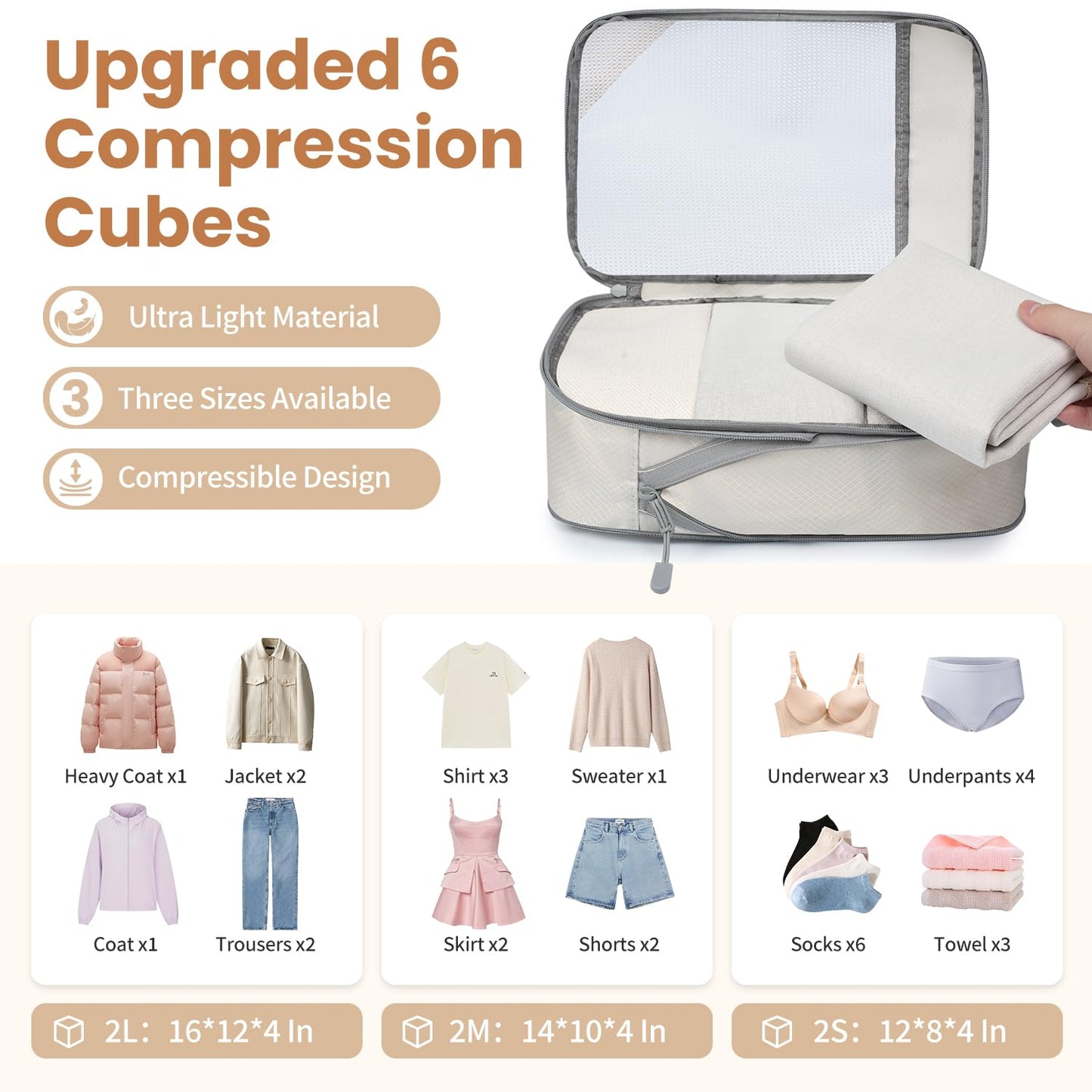 Prezon Compression Packing Cubes for Travel, Lightweight Vacation Travel Essentials, Travel Accessories for Suitcase Organizer Bags Set, Durable Luggage Organizer, 6 set, half mesh, Beige