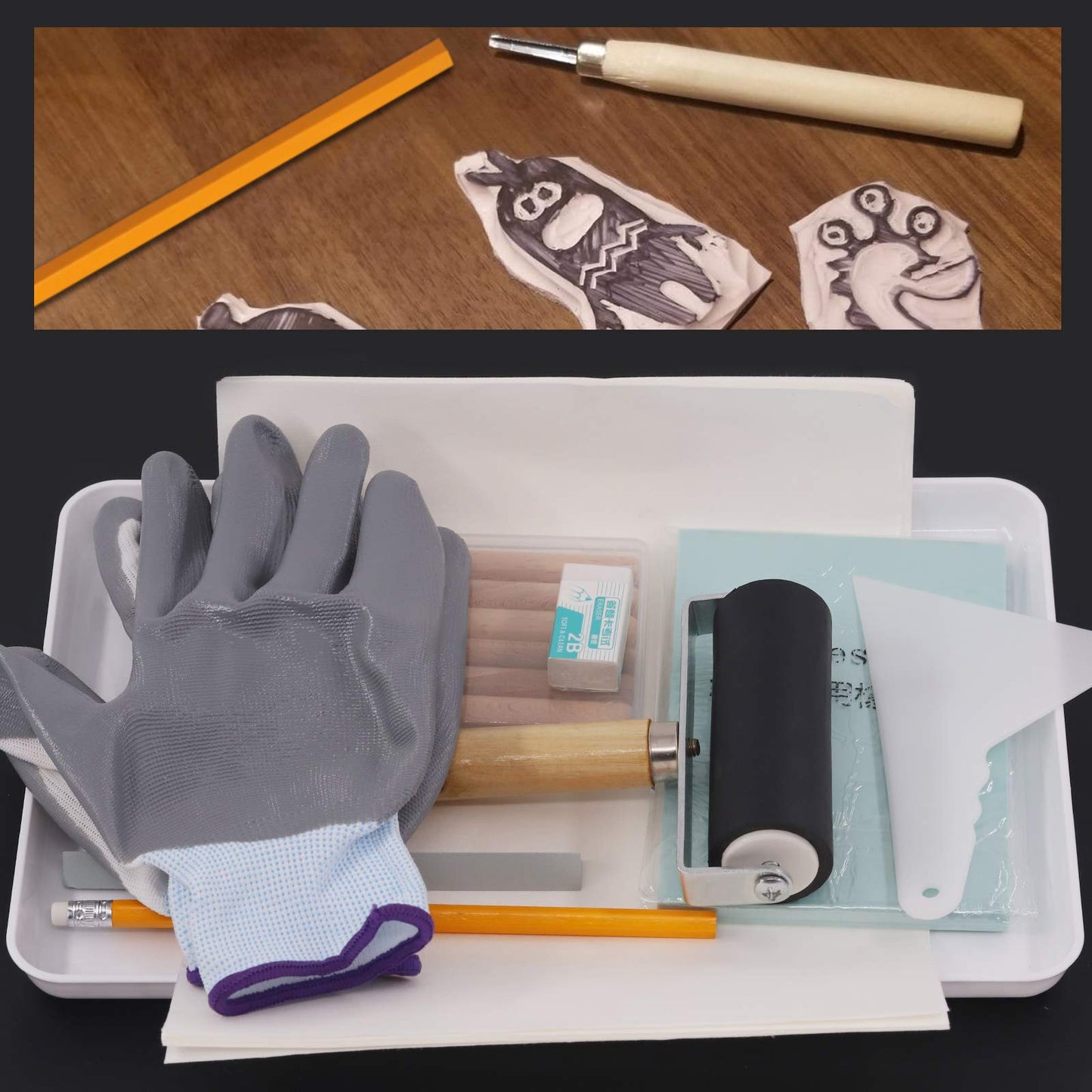 Rustark 24 Pieces Block Printing Starter Tool Kit with Whetstone, Stamp Block, Carving Tools, Tracing Papers,Pencil, Gloves,Eraser and Scrapper, Rubber Stamp Making Kit for Stamping and Printmaking