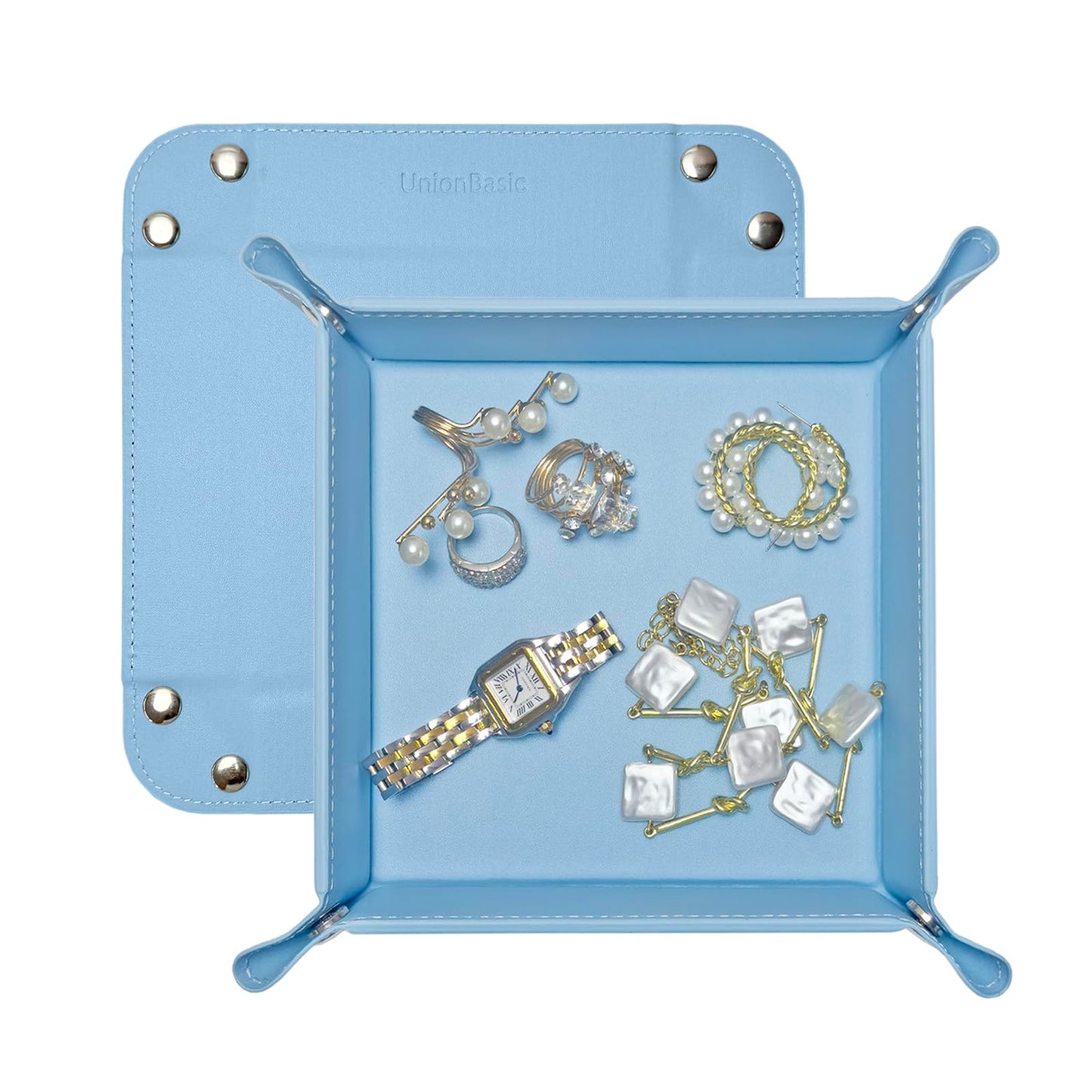 UnionBasic Small Valet Tray, Jewelry Tray for Rings Watches Earrings, Entryway Catchall Caddy for Coins Keys Change, Nightstand Bedside Valet Holder, Trays for Electronic Gadgets, Blue