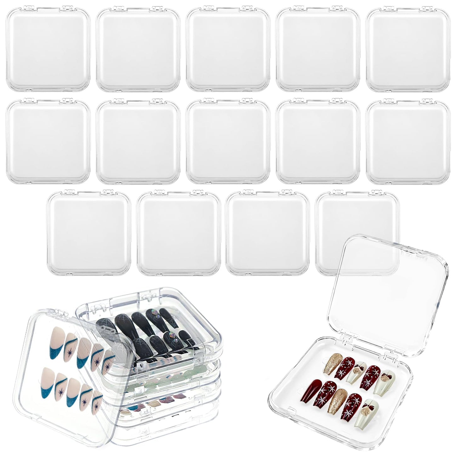 Oskrieel Press on nail storage 14 PCS Acrylic Nail Storage Box - Portable Versatile Organizer for Press - On Nails, Jewelry and More with 60 Pcs Adhesive Double Sided Tape