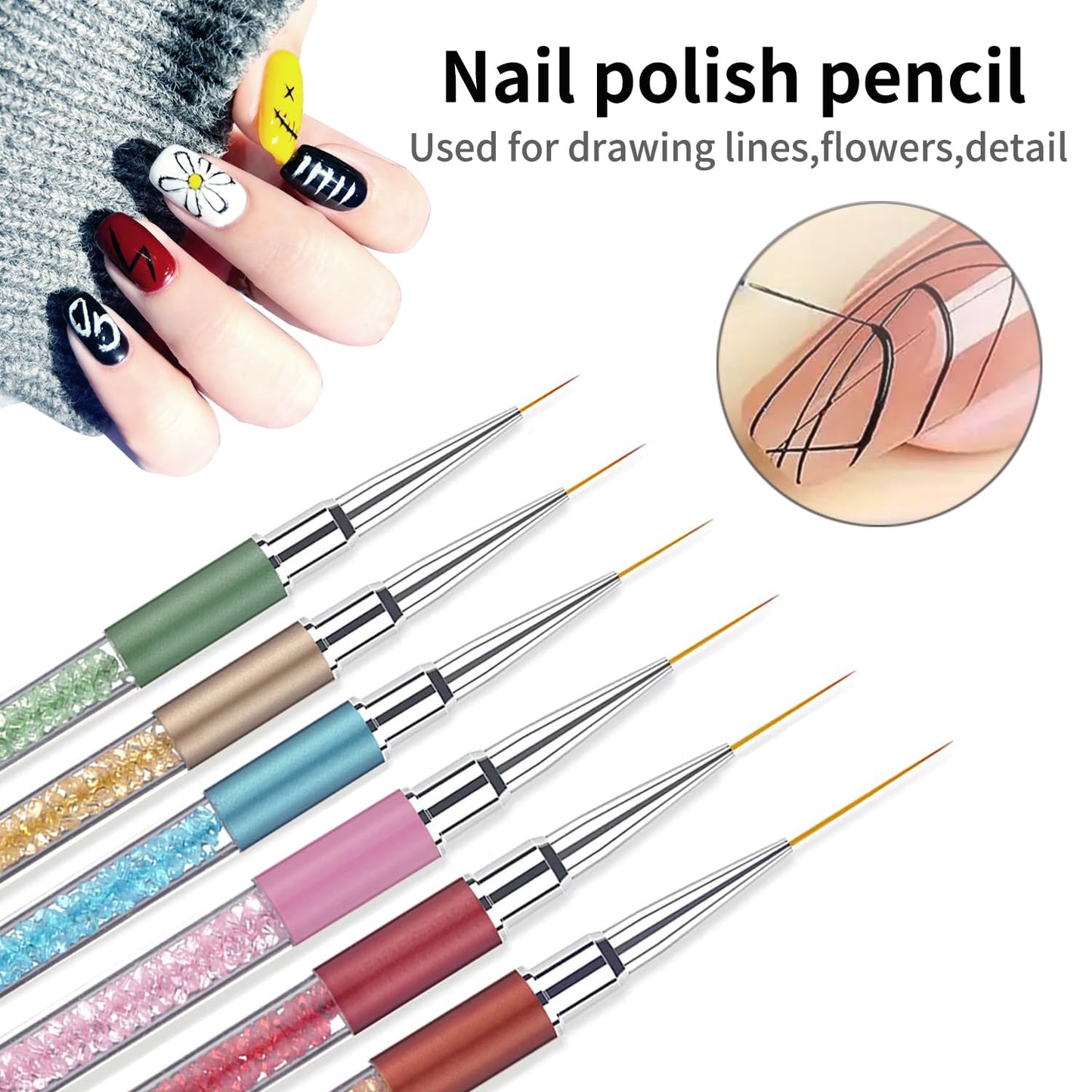 6Pcs Rhinestone Handle Ultra-Fine Nail Liner Brush Set - Professional Striping Brushes for Intricate Nail Art, Multi-Color Crystal Handle Gel Polish Liner Brushes for Salon & DIY Manicure Detailing