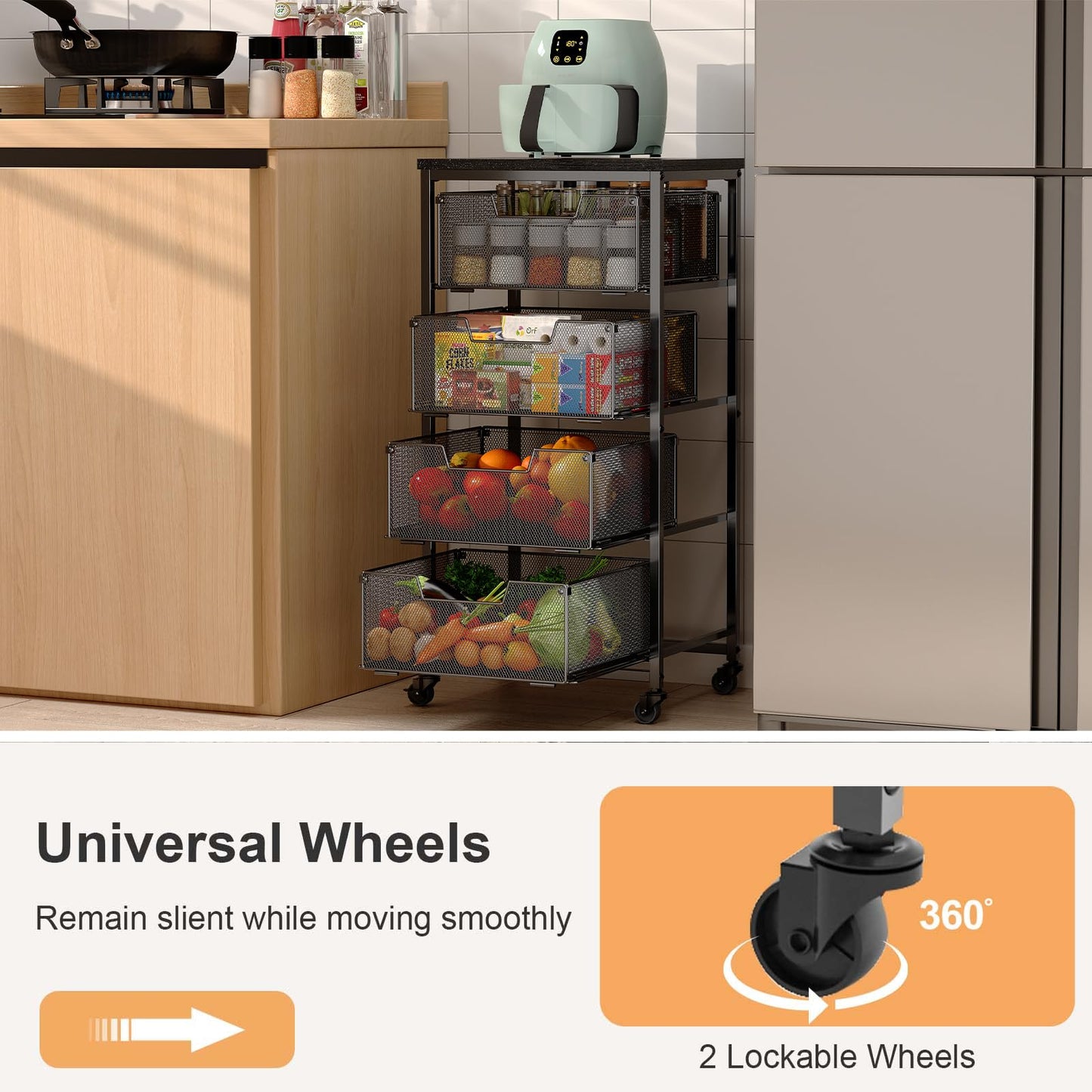 4-Tier Fruit Vegetable Storage Cart - Kitchen Organizer and Storage Cart with Wheels, Wooden Top Metal Wire Fruit Vegetable Rack Stand with Drawers to Storage Cans Snacks for Kitchen(Patent Pending)