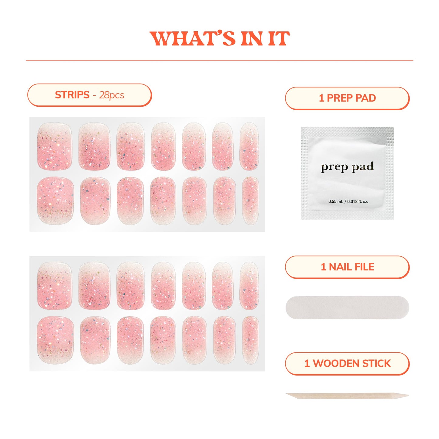 Heyhae Semi Cured Gel Nail Strips | No LED Lamp Needed | Pink, Glitter| Easy Apply & Remove, Salon Quality | Includes 28 Strips, 1 Prep Pads, Nail File & Wooden Stick - Hey, Glow On Babe