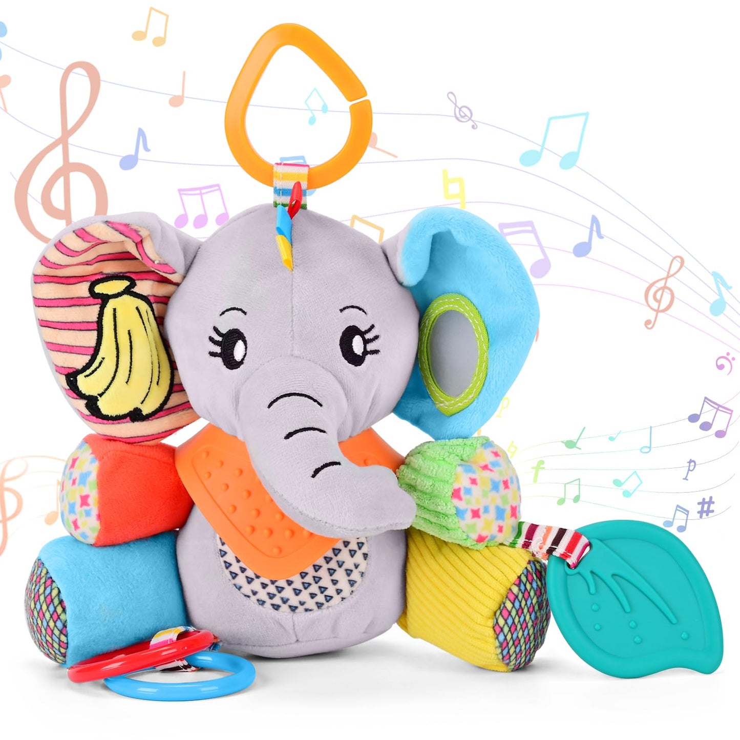 Baby Toys 0-12 Months Elephant with Detachable Touch-Sensitive Sound Box, 30 Sounds, Removable Bib, Teether, Rattle, BB Squeaker, Mirror for Strollers, Car Seats, Carriers