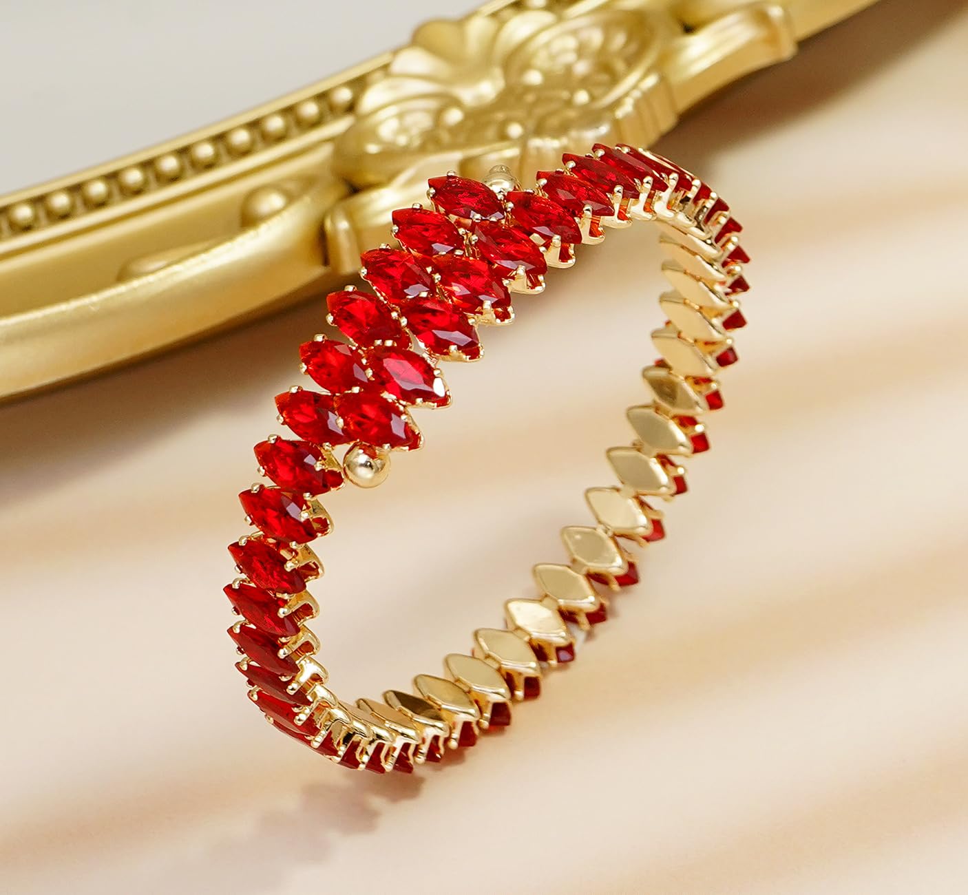 Wovanoo Rhinestone Cuff Bracelet Cubic Zirconia Tennis Bracelets Open Adjustable Bangle for Women Gold Red