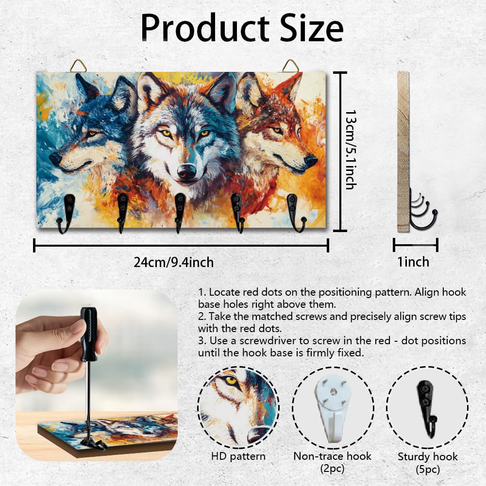 DELORIGIN Wolf Key Holder Wall Mounted Wooden Keys Racks Storage Organizer Hanger with 5 Key Hooks House Keys Holder for Wall Decor Door Entryway Hallway Kitchen New Home Gift