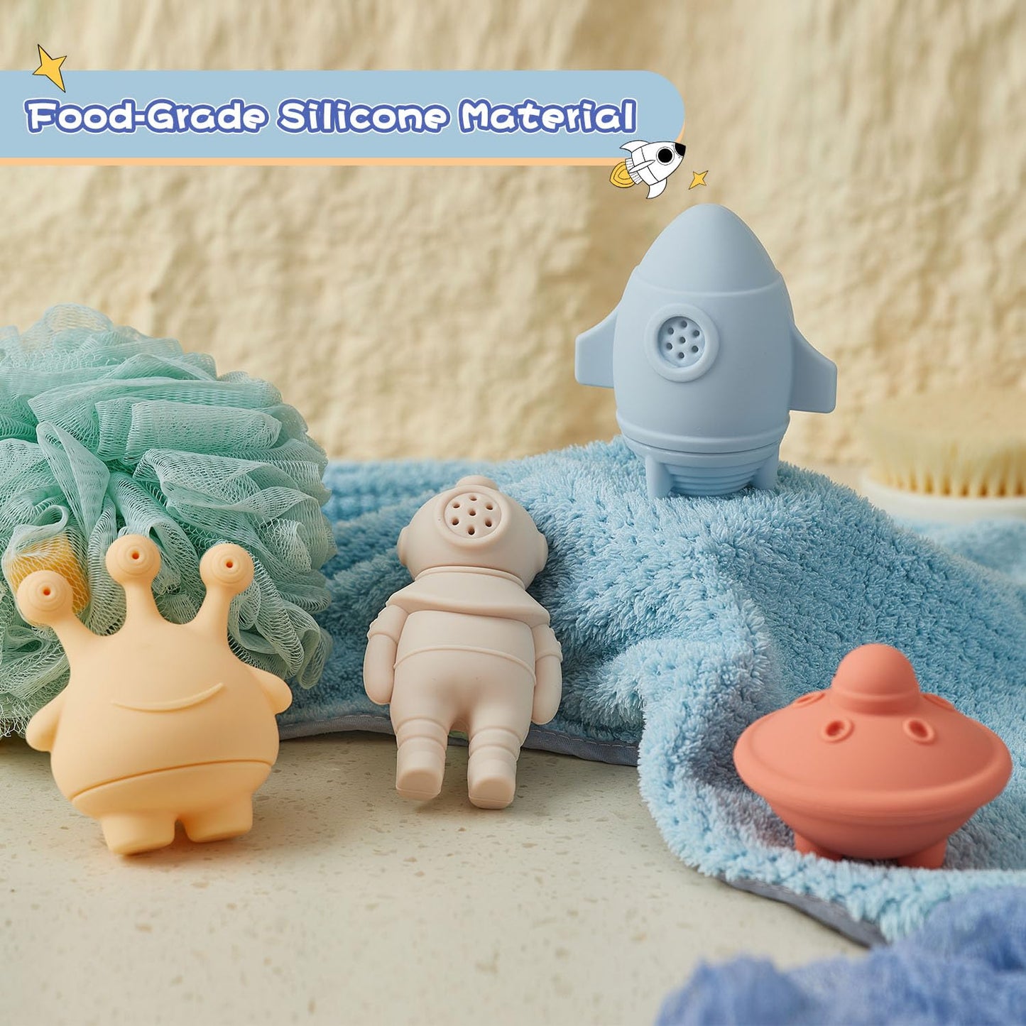 AMCHSURI Bath Toys, Space & Rocket 4 Pack | Dishwasher-Safe & Mold Free Silicone Bath Toys | Soft, Squeezable & Float on Water | Soft & Easy-Grip Baby & Toddler Bath Toy Set | Baby Pool Toys