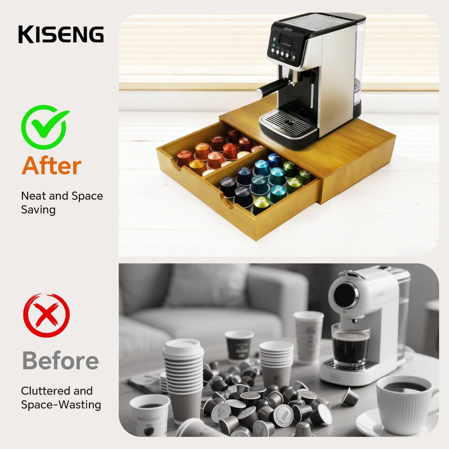 KISENG Coffee Pod 15" X 11" X 3" Natural Wood Countertop Organizer Drawer, Counter Top Espresso Tea Bag Station Storage Holder Box, Brown
