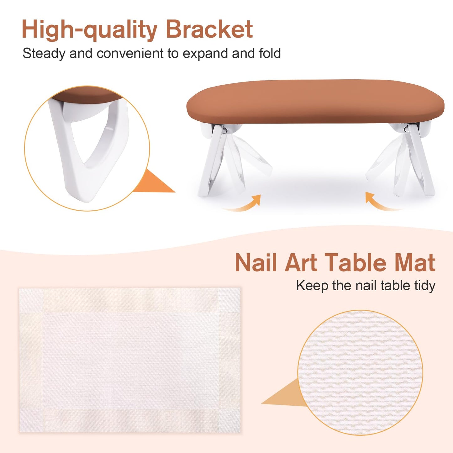 Subay Arm Rest for Nails Tech, Foldable PU Leather Nail Hand Rest for Hand Holder, Arm Rest Pillow Stand with Nail Art Table Mat for Manicure, Nail Art Accessories Tool for Salon Home Use - Caramel