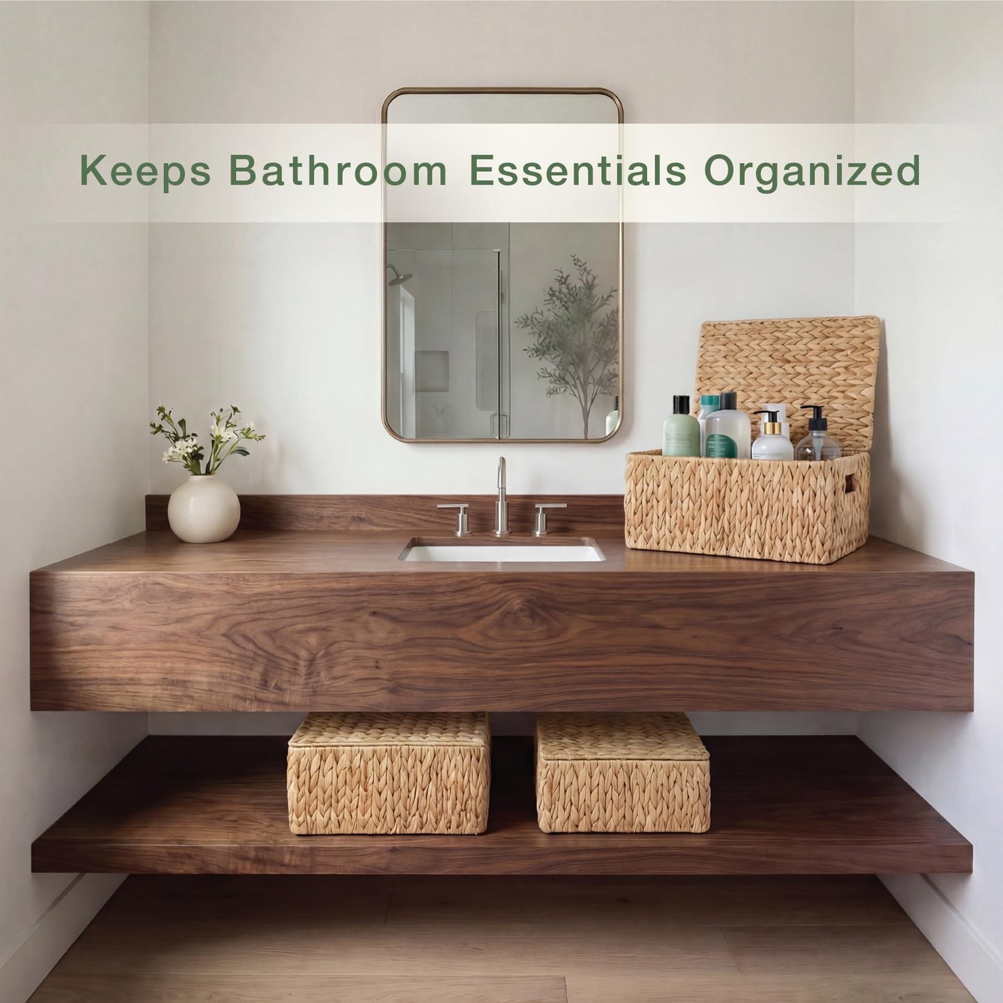 84ECO Set of 3 Wicker Baskets with Lid - Woven Storage Basket with Lid - Decorative Storage Boxes for Bathroom, Bedroom and Shelves
