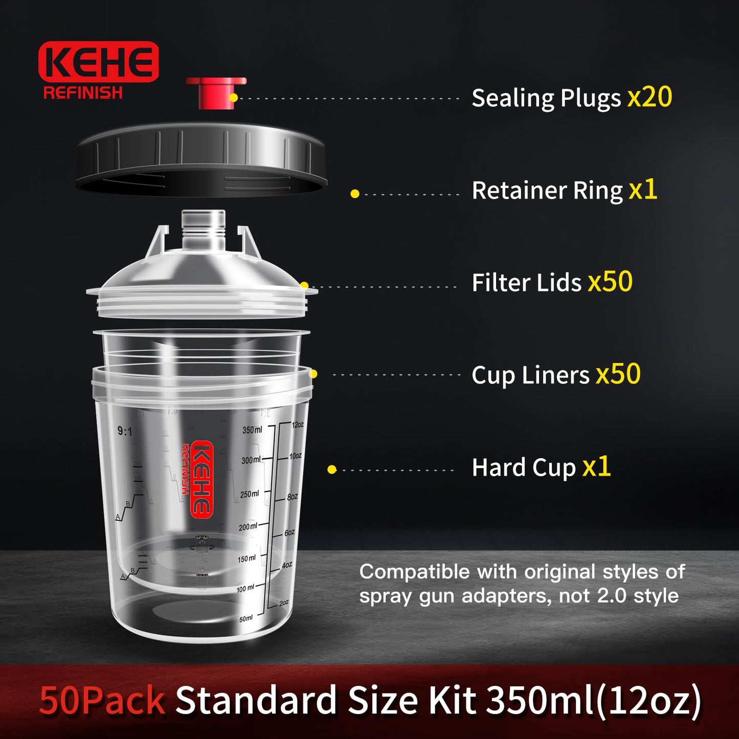 Disposable Paint Cups for Spray Gun,Mixing Cups 12 Ounce (350ml) Kit with 50 Liners and Lids with Strainer System for HVLP&LVLP,2 Hard Cups with Retainer Ring,20 Plugs,3 Caps,2 Adapters,1 Wash Bottle