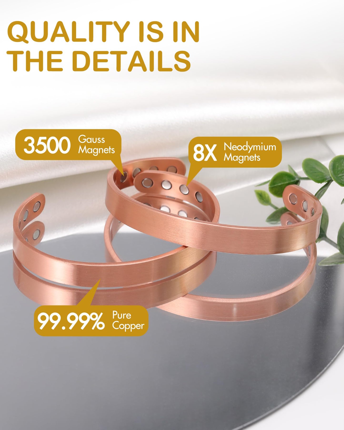 Feraco Copper Magnetic Bracelet for Men Women, 99.99% Pure Copper Cuff Bangle with Effective Neodymium Magnets, Adjustable Jewelry Gifts (Set of 2)