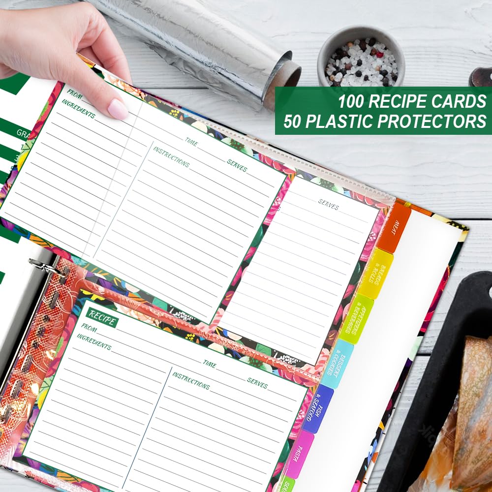 3 Ring Recipe Binder, 8.5x11 inch 3 Ring Recipe Binder Kit with 50 Plastic Sleeves Protectors, 100 Packs 5x7 inch Recipe Cards & 8 Category Divider Tabs, Organizer Set Blooming Flowers Design