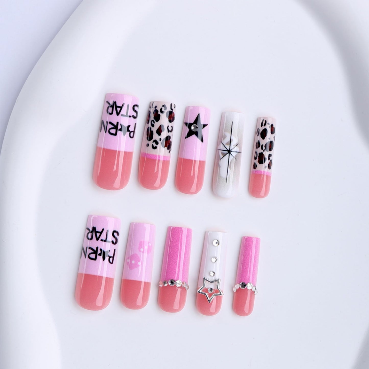 Long Press on Nails Square Fake Nails Pink Acrylic Nail Press Ons Seeneey Stars Designs Y2K Stick on Nail for Women 24pcs