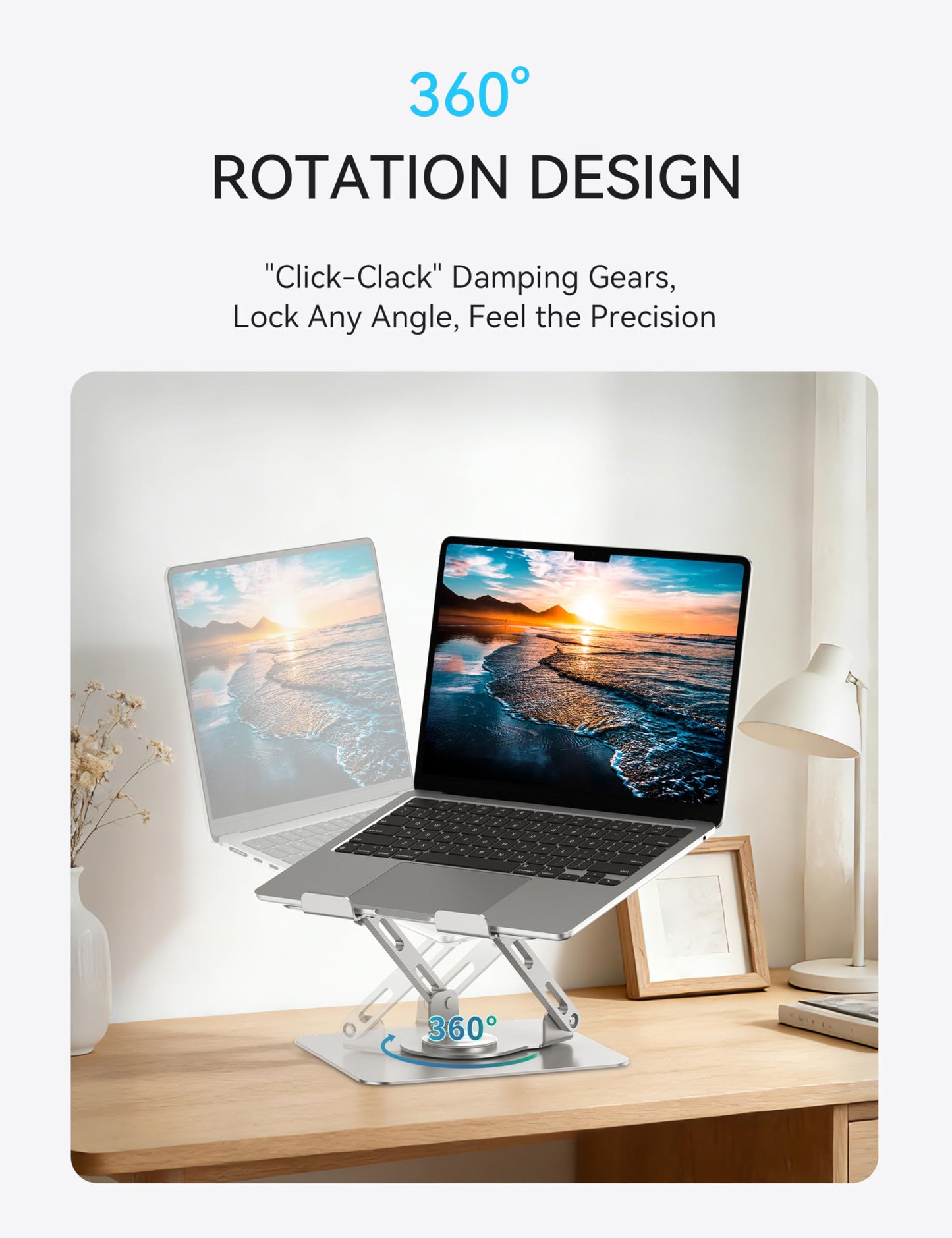 SOUNDANCE 360 Rotating Laptop Stand, Ergonomic Computer Riser for Desk, Adjustable Height Multi-Angle Metal Holder, Foldable Portable Notebook Elevating Base for Office & Home, Silver Grey