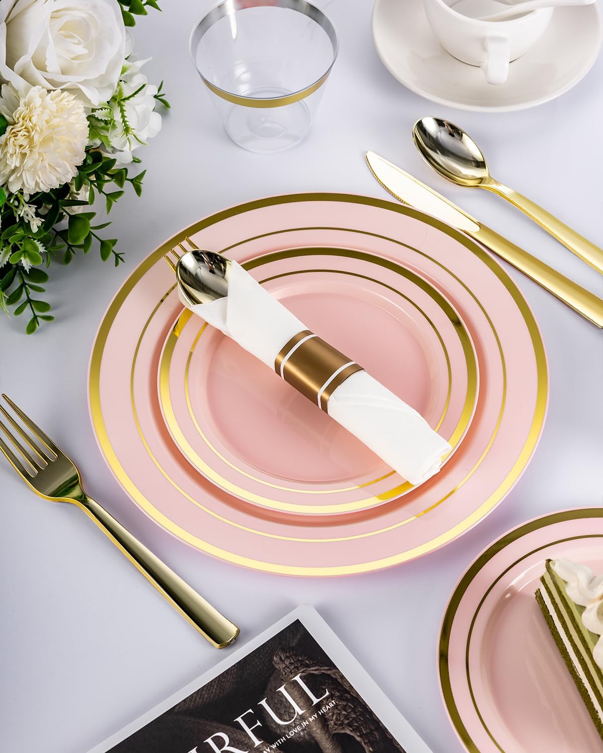350PCS Pink Plastic Dinnerware Set, Disposable Party Plates for 50 Guests, Include: 100 Pink and Gold Plastic Plates, 50 Pre Rolled Napkins with Gold Silverware, 50 Cups for Wedding, Christmas