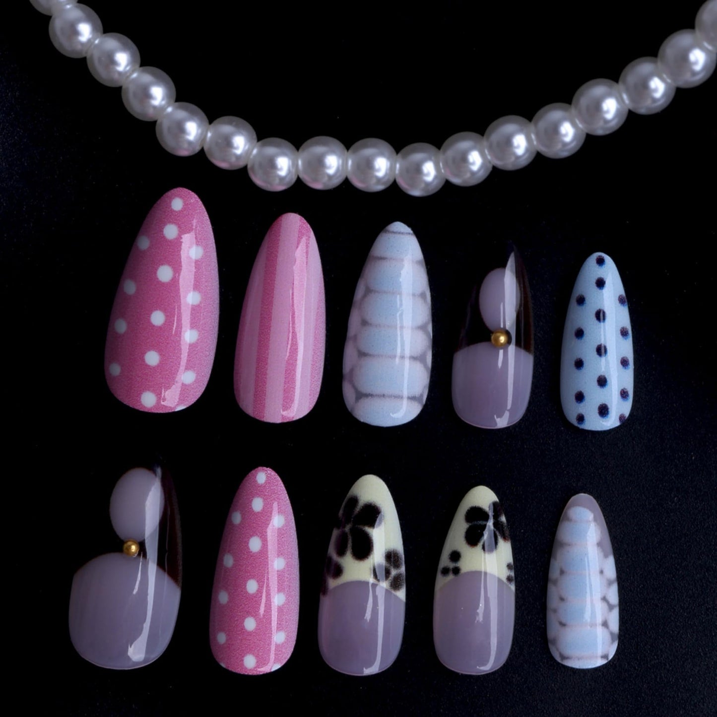 Long Press on Nails Almond Fake Nails French Artificial Nail Blue Tortoise Shell Designs Beach Stick on Nail for Women 24pcs
