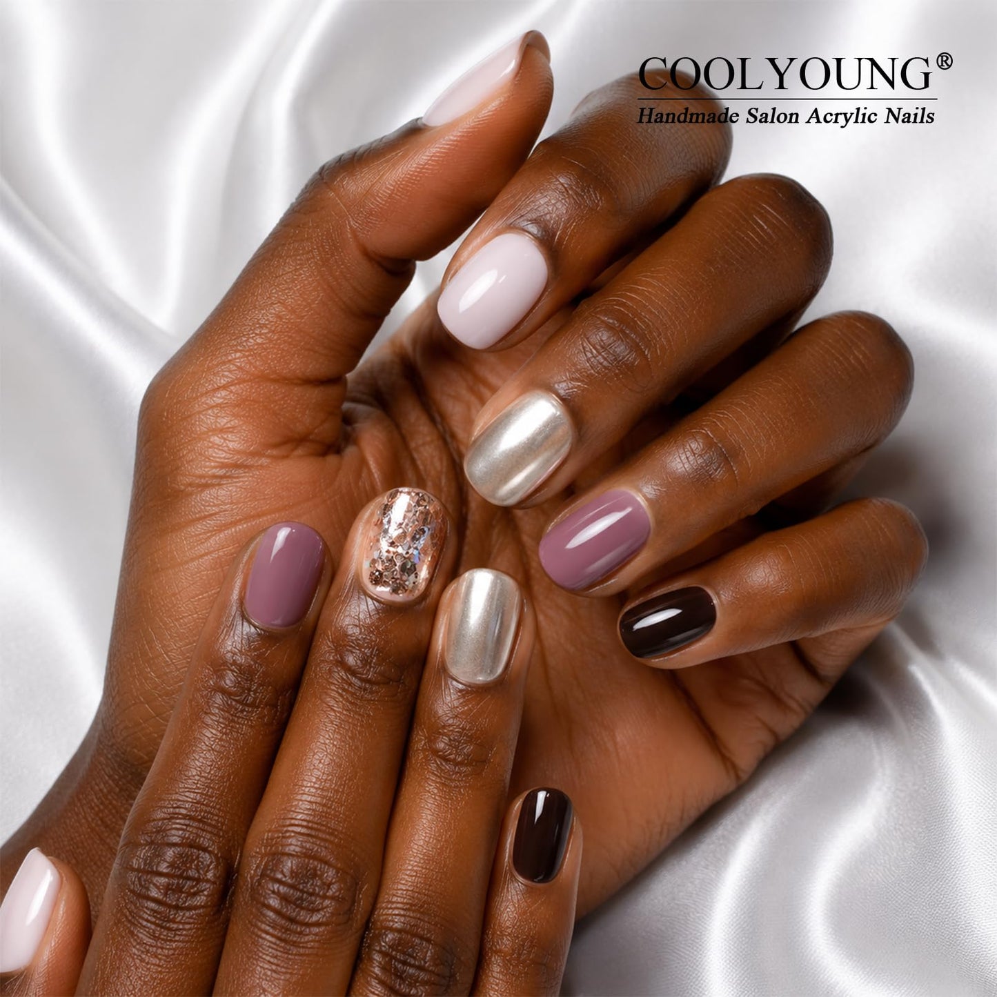 COOLYOUNG 25PC Short Glitter Press On Nails Soft Gel Acrylic Blush Pink Black Mix Reusable Fake Nails