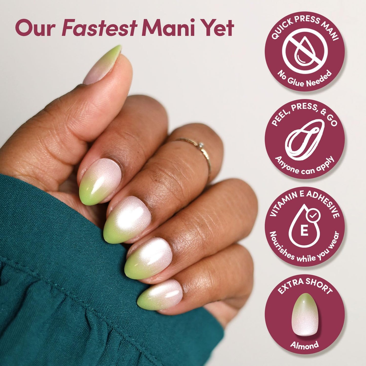 Glamnetic Quick Press Mani Bundle - No Glue Press On Nails, Just Peel and Stick | Sparkly Moss & Light Beam | Mess Free Salon Quality Stick On Nails | Oval & Almond Extra Short Nails