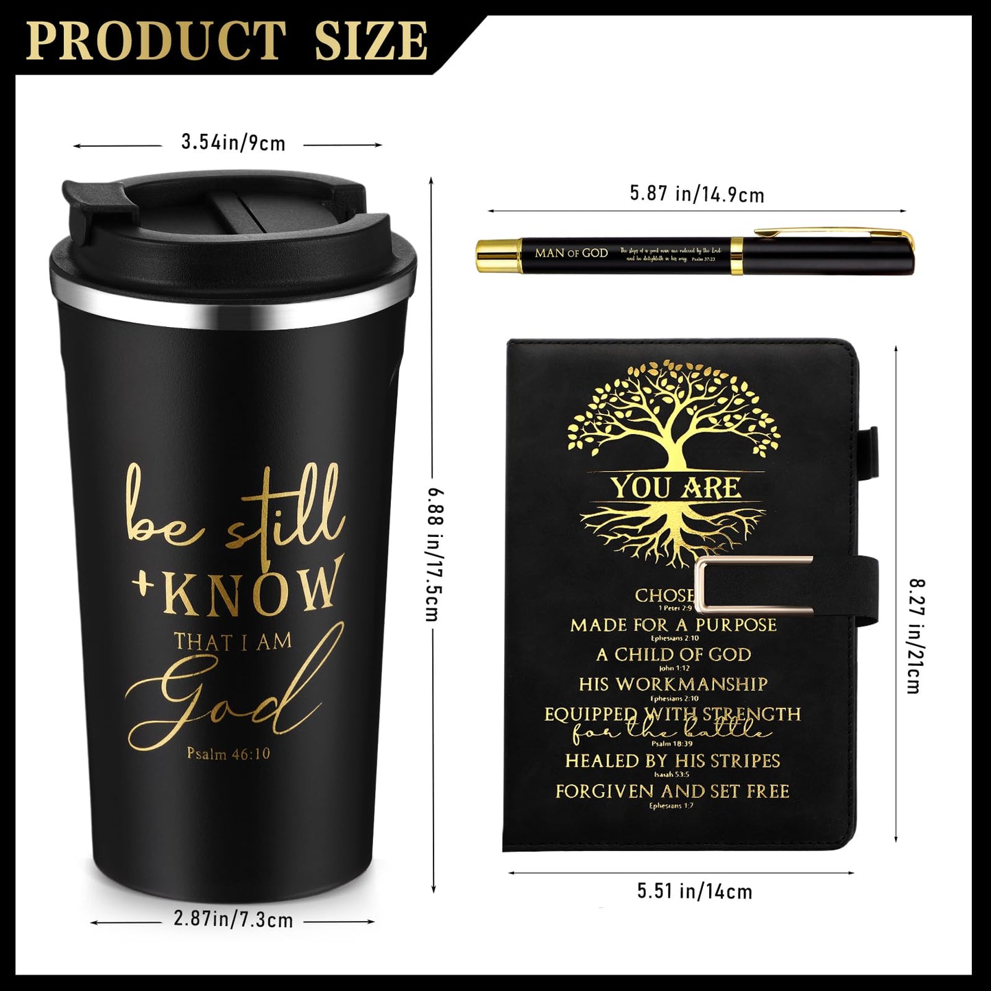 Pickmesh 3Pcs Fathers Day Christian Gift for Men Man of God Prayer Leather Journal with Pen Coffee Cup Bible Study Kit for Graduation Birthday Coworker Pastor Church(Be Still & Know,Black)