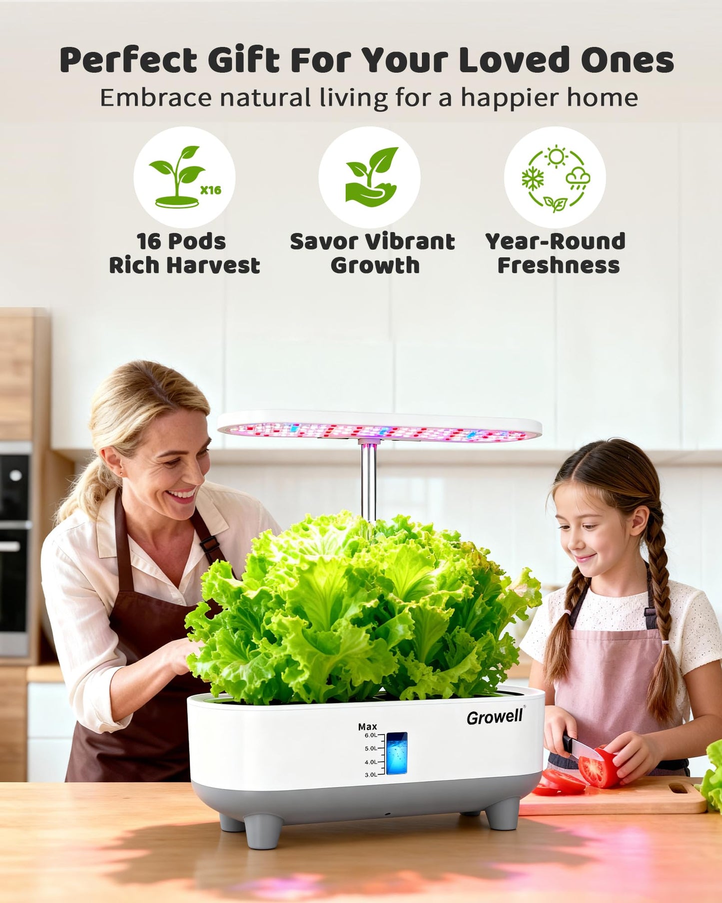 Growell Hydroponics Growing System Kit, 16 Pods, Vertical 8L Indoor Gardening System for Herb Vegetable Fruit, Hydro Garden with LED Grow Light, Smart Water Circulation, 3 Light Modes & 2 Timer, White