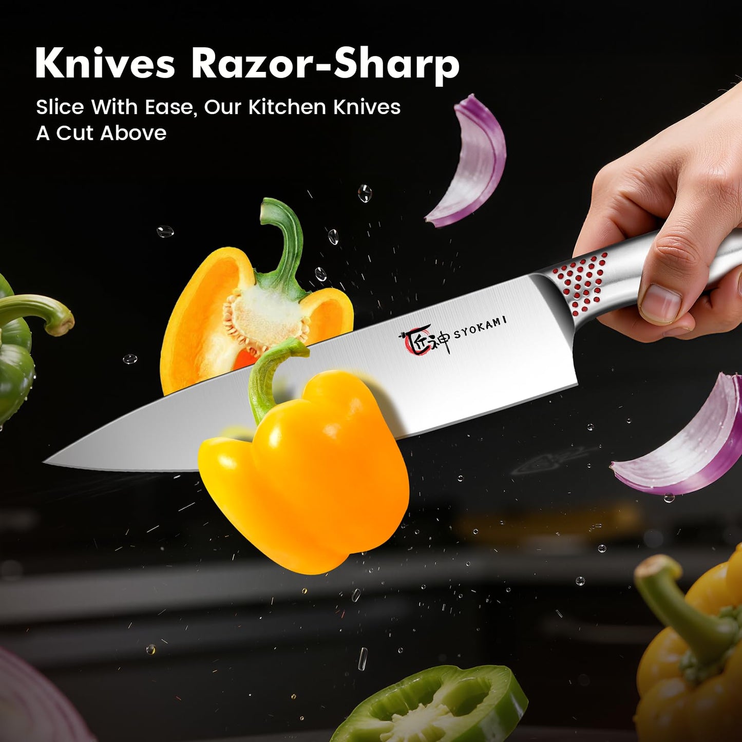 SYOKAMI Japanese Knives Set for Kitchen, Magnetic Knife Set with Block and Sharpener, Stainless Steel Knife Set as Gift for Couple, Wedding, Women or Mom with Gift Box, 14 PCS Red Dot