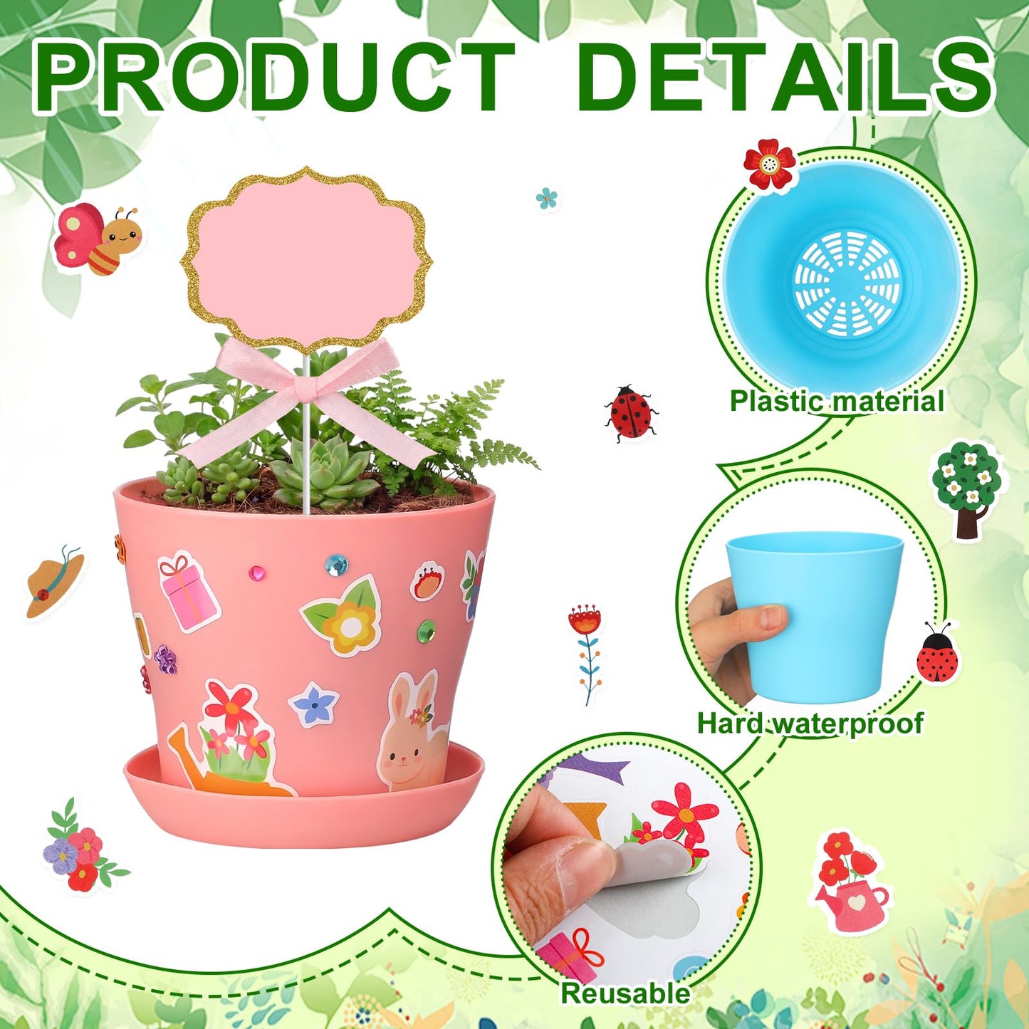Funnymoom 48 Pcs Garden Plastic Paintable Flower Pot Craft Kit DIY Painting Flower Pots with Watercolor Stickers Pipe Cleaners Growing Kits for Home Summer Mother's Day Fun Activity (Clean)