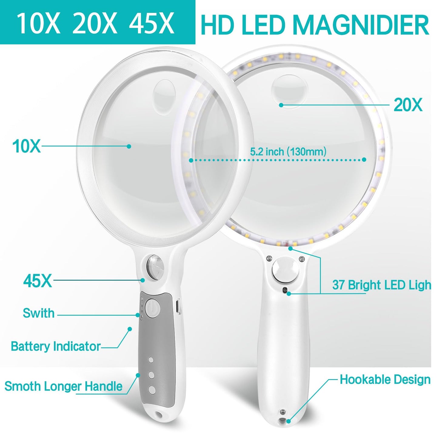 Large Magnifying Glass with 37 LED Light and Case, 10X 20X 45X Handheld Illuminated Lighted Magnifier with 3 Light Modes Rechargeable Magnifying Glass for Seniors Reading, Inspection (White & Grey)