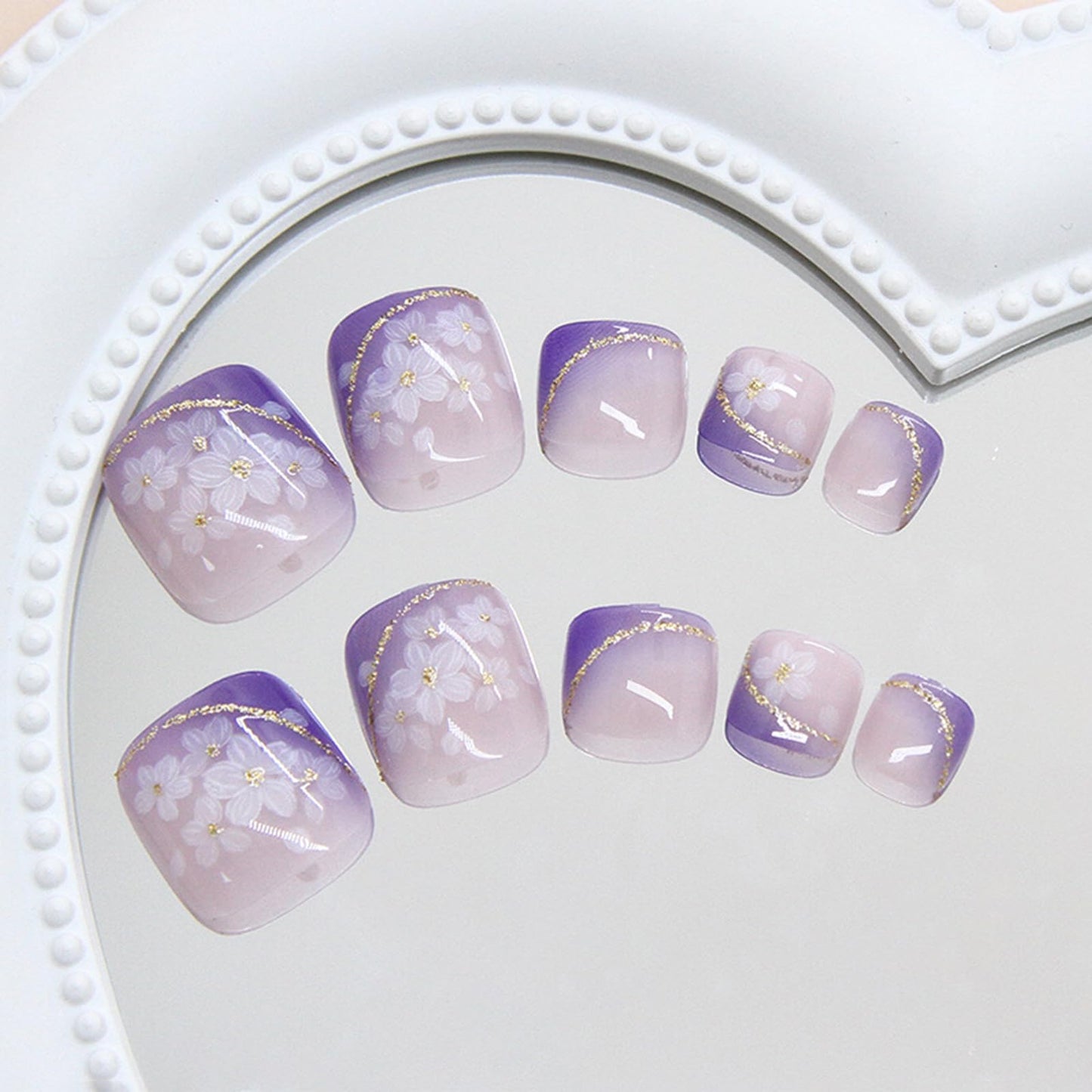 IMRAIN Flower Press on Toenails Short Square Fake Toe Nails Purple Gradient Glossy Acrylic False Toenails Glossy Full Cover Summer Artificial Stick on Nails for Women 24Pcs