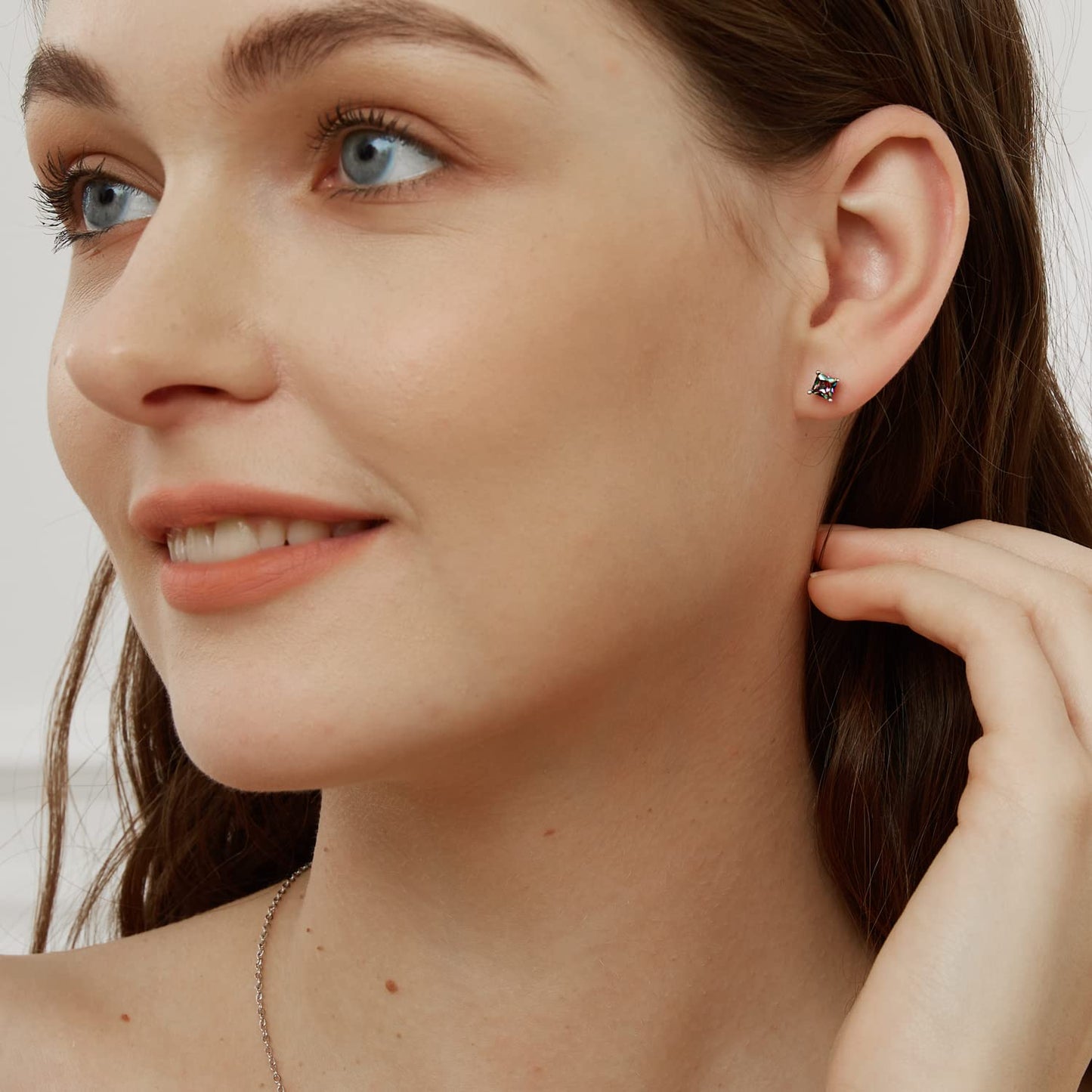 Rainbow Quartz CZ Studs Earrings Colourful Cubic Zirconia Ear Piercing 18K White Gold Plated Jewelry Gifts for Women Men(4mm square studs)