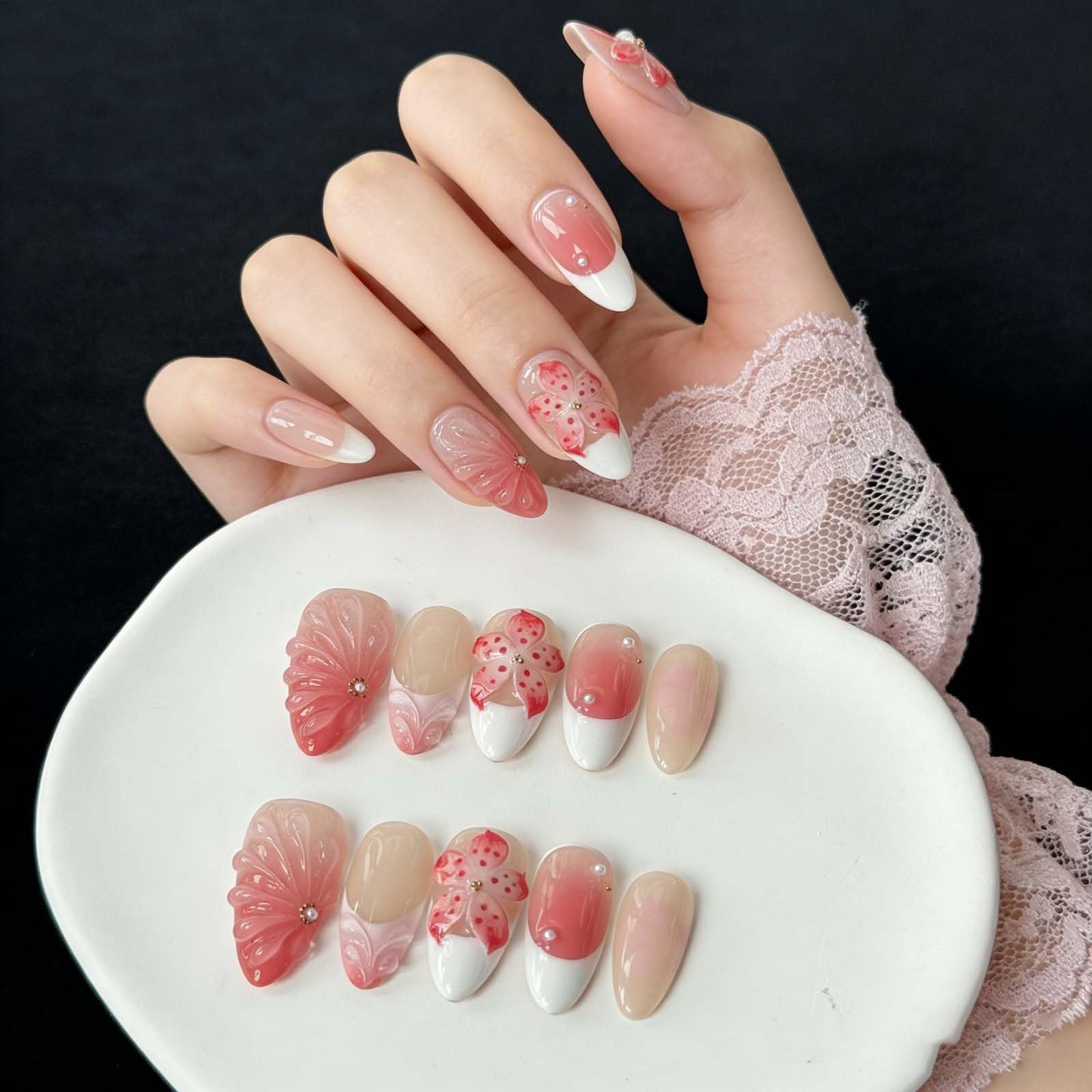 Press on Nails Pink Almond Summer Holographic Glitter False Nails with Iridescent Checkerboard Design, Reusable Fake Nails for Women 10 Piece Set M Size