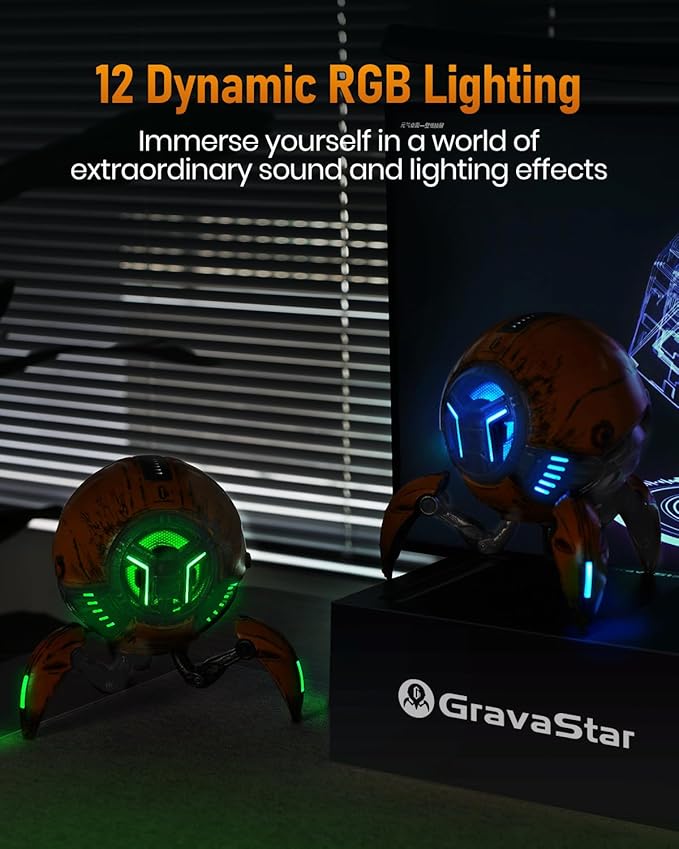 GravaStar Loudspeakers Mars Pro Portable Bluetooth Speaker New Version, Deep Bass Loud Stereo Sound, 15H Playtime, 6 RGB Lights, Dual Pairing, Portable for Home, Outdoors, Party, Camping, Home, Gifts
