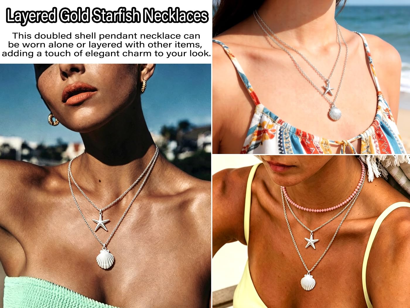 Tgirls Boho Starfish Layered Necklace Shell Pendant Necklace Silver Necklaces Chain for Women (Silver)