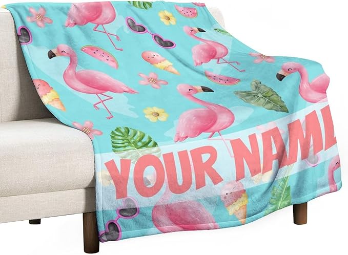 Custom Flamingo Blankets Gifts with Name - 50 x 60 Inches Cute Throw for Teens - Green Fluffy Warm Cozy Flamingo Blankets for Couch