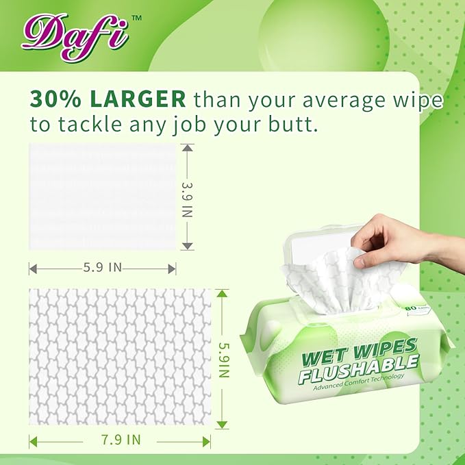 DAFI Flushable Wipes for Adult Wet Wipes,80 Count Unscented Toilet Wipes Flushable, No Alcohol & 100% Plant Based Fibers, Septic and Sewer Safe pack of 1