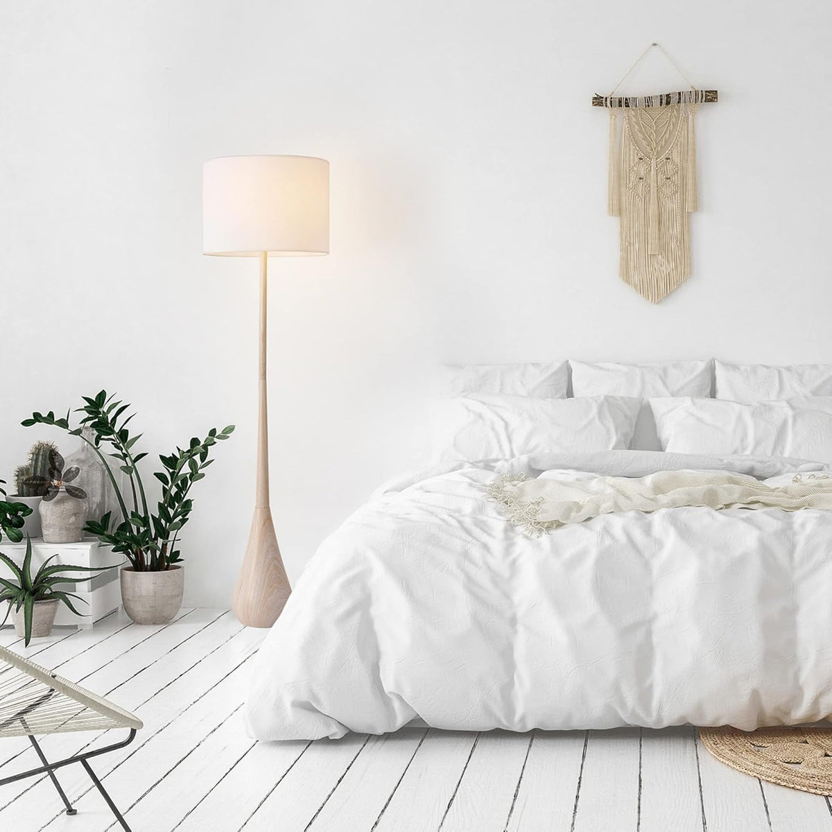 GLOBE Electric 52112 65" Floor Lamp, Faux Wood Finish, White Cotton Shade, Japandi Style, E26 Base, Modern Bedroom and Living Room Lighting