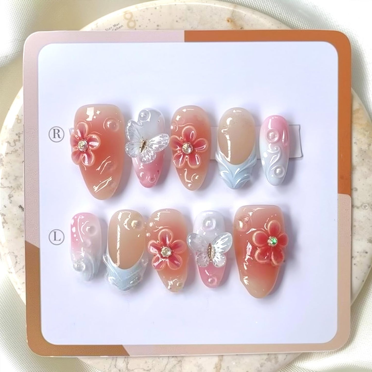 30Pcs Summer Press on Nails Medium Almond Fake Nails 3D Butterfly Flower Design Colorful French Tip False Nails Rhinestone Acrylic Nails Water Ripples Pink Gradient Flowers Stick on Nails for Women