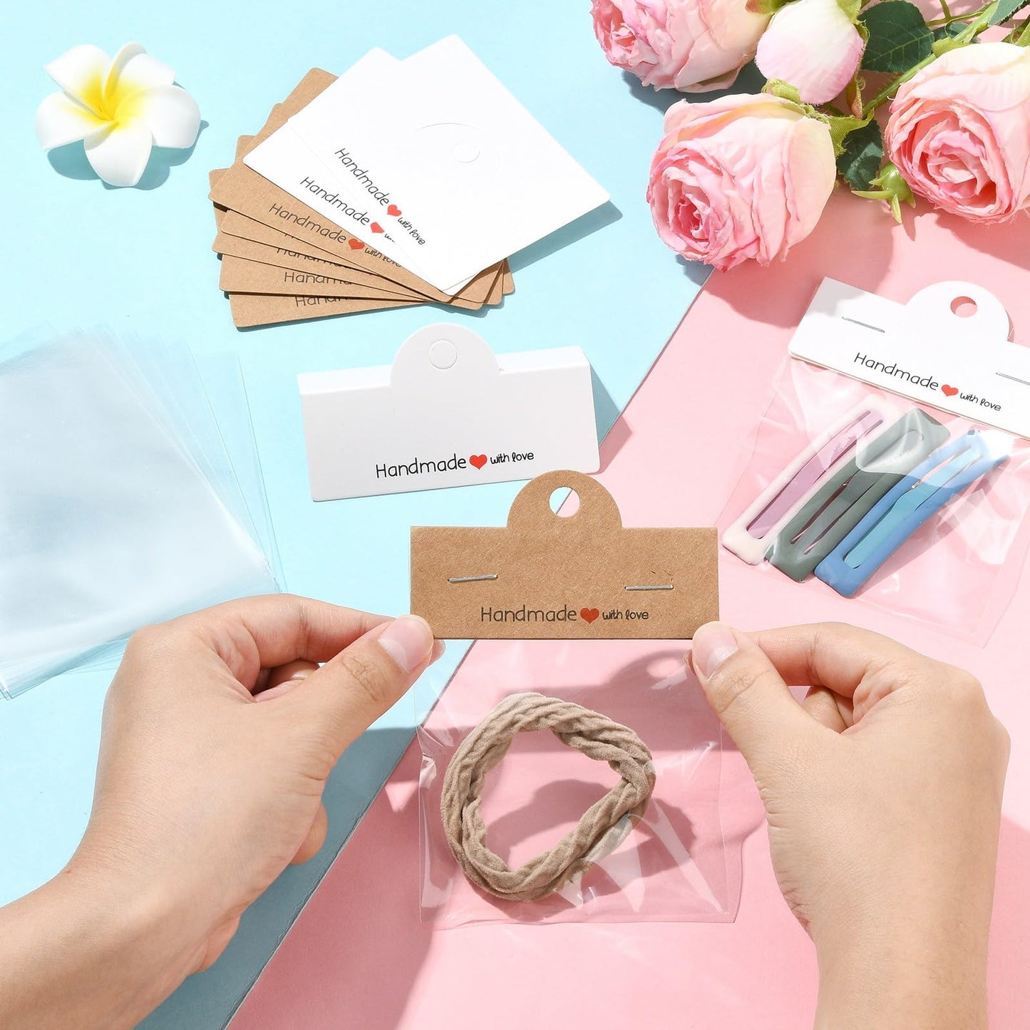 Gelirda 100Pcs Rectangle Cellophane Bags with Clear Window Handmade Packaging Pouch with Foldable Header Cards for Jewelry Packaging Accessory