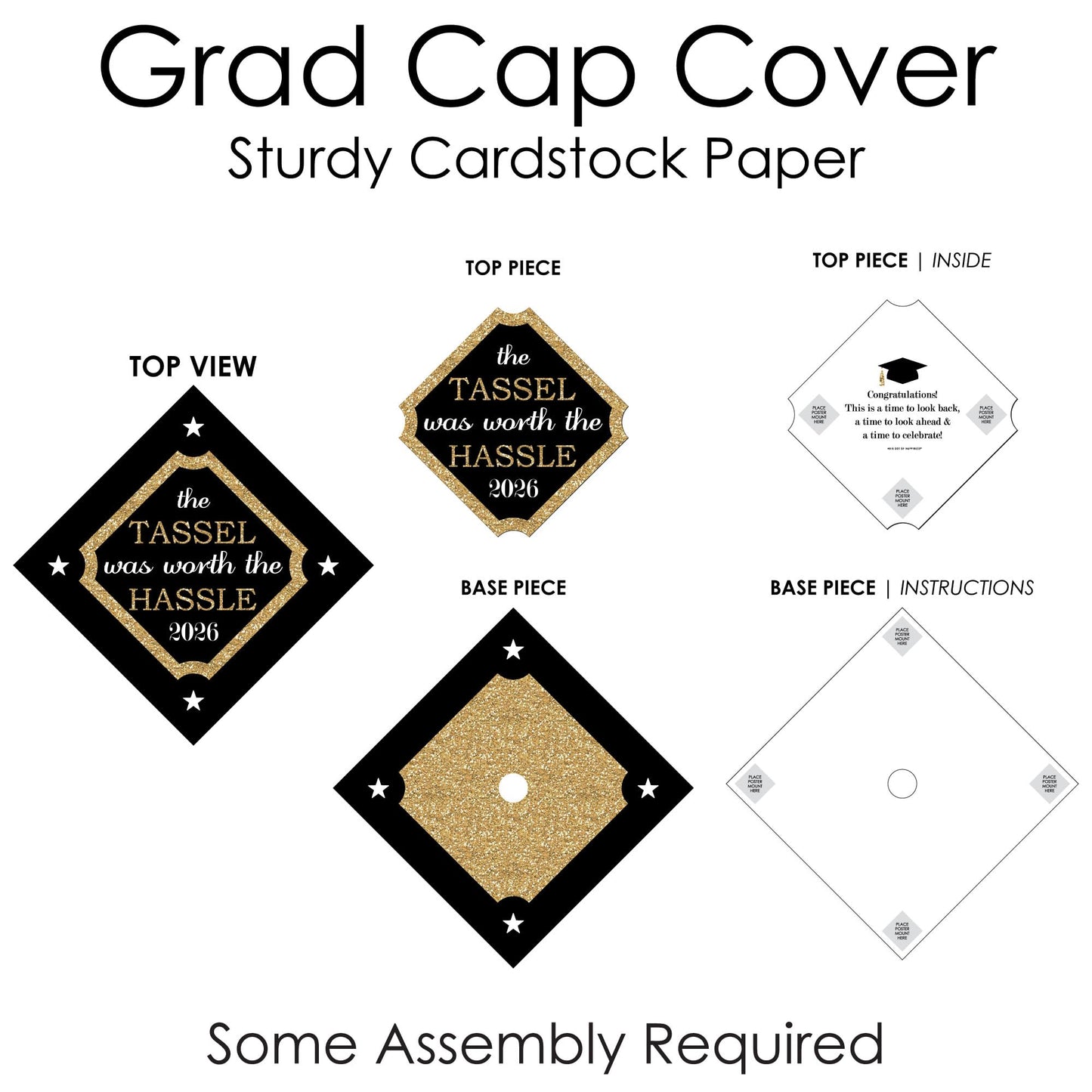 Big Dot of Happiness 2026 Graduation Cap Decorations - Premium Gold Cap Cover Kit, Custom Grad Display, DIY Graduation Cap Topper, Class of 2026 Celebration Set