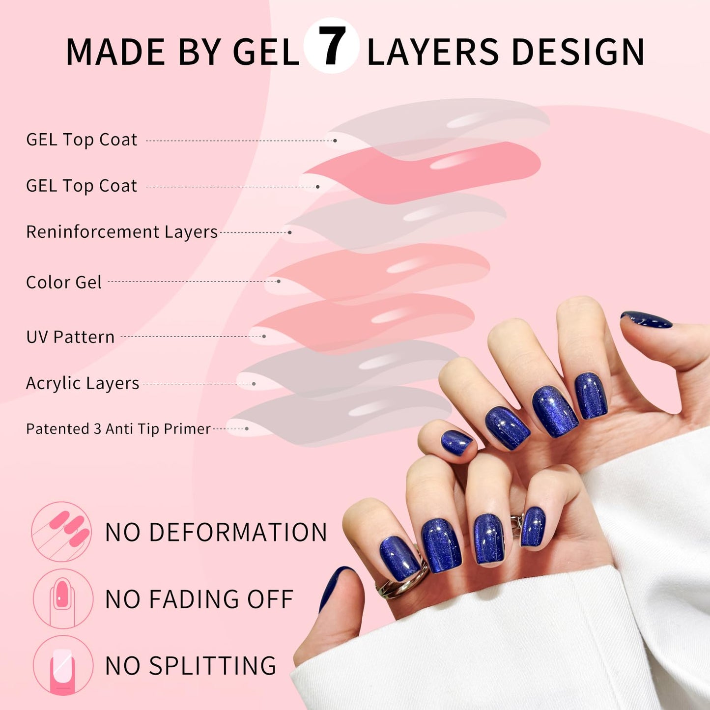 Navy Blue Cat Eyes Press On Nails,12 Sizes - 24 Pcs Soft Gel Blue Short Squoval Fake Nails Kit with Nail Glue, Natural Reusable Stick On False Nails for Women and Girls SK1061