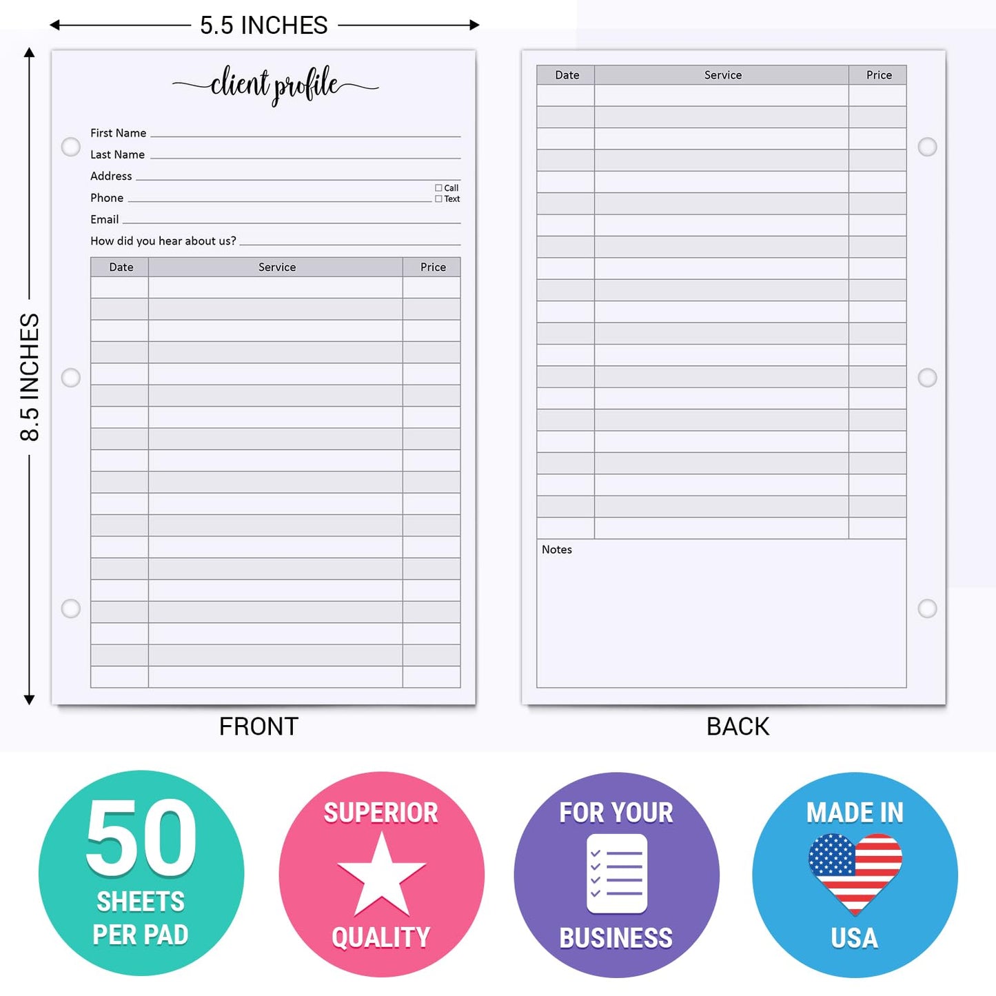 321Done Client Profile Cards, Made in USA - 5.5x 8.5, Customer Information Form, Three Ring Binder Insert Sheets for Small Business, Salon, Spa, Hairdresser, Stylist, Nail Salons Supplies - 50-Pack