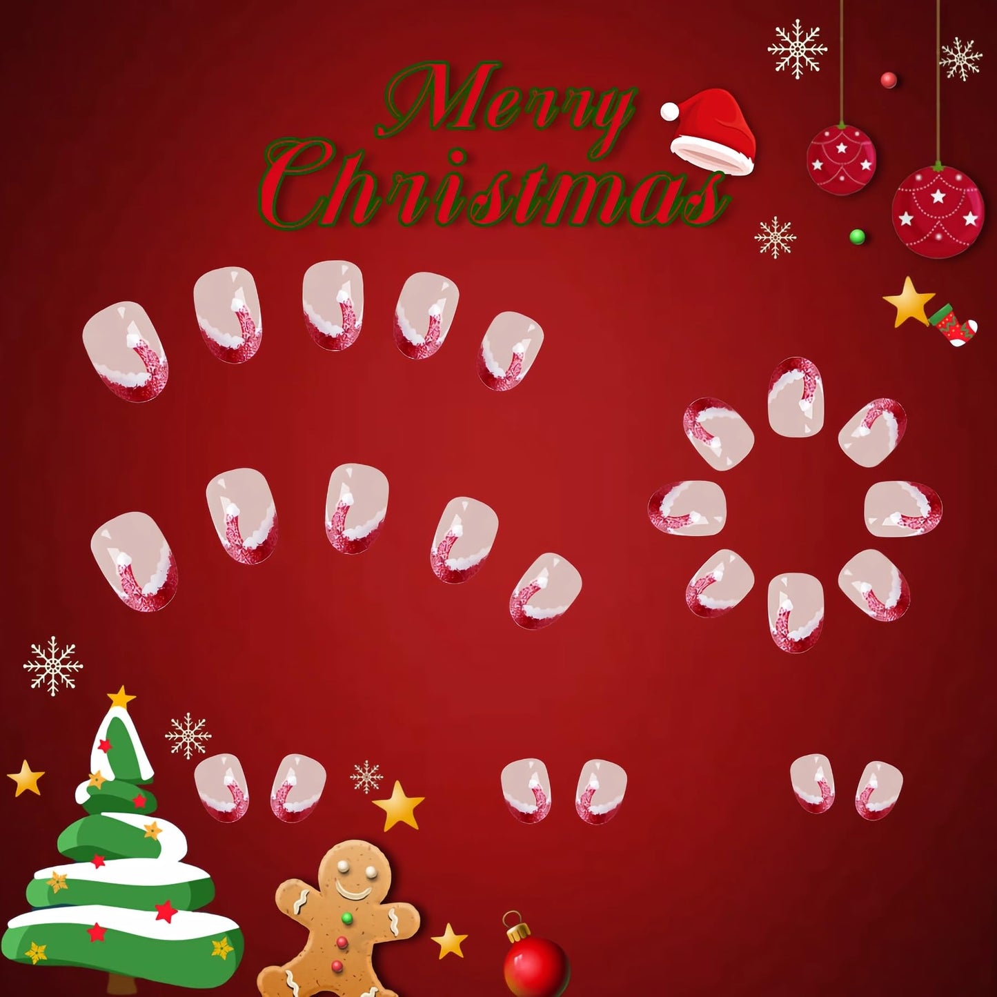 BABALAL Christmas Press on Nails Short Almond Fake Nails Red French Tip Glue ons Nails Christmas Hat Design Acrylic Nails 24Pcs Stiletto False Nails Xmas Bling Stick on Nails