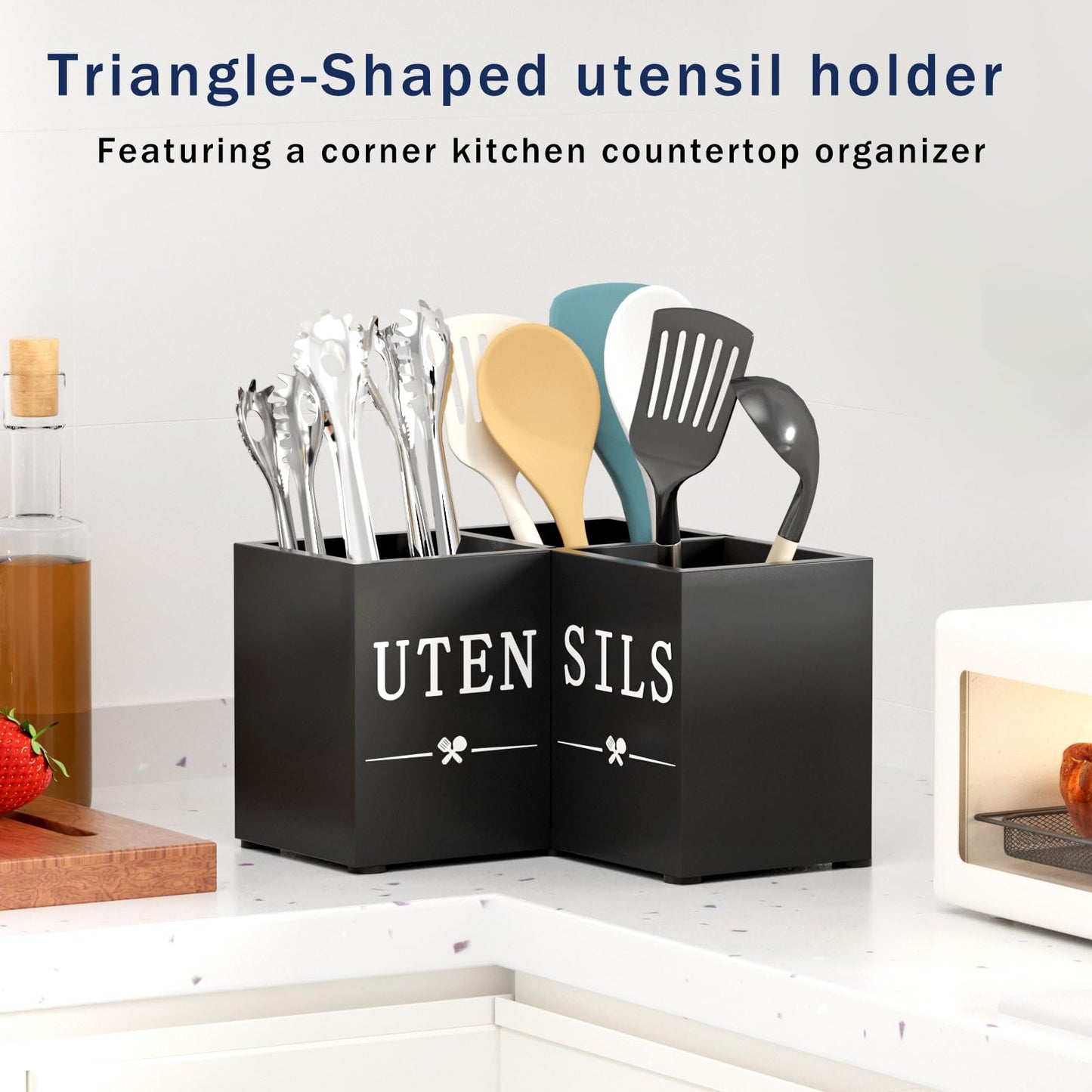 Natheeph Utensil Holder, Kitchen Utensil Holder for Counter, Extra Large Utensil Holder w/ 3-Compartment, Farmhouse Black Utensil Holder with Well-made Wood for Corner Organizer, Housewarming Gift