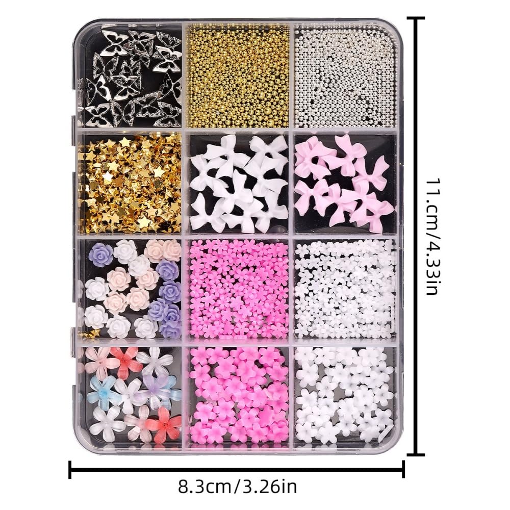 Laser Silver Nail Gems AB Crystal White Nail Charms Flatback Nail Jewels 3D Multi Shape Size Stones Diamonds Nail Rhinestones Clear Iridescent Beads Gems for Nails Faces Eyes Makeup Crafts 12Grid