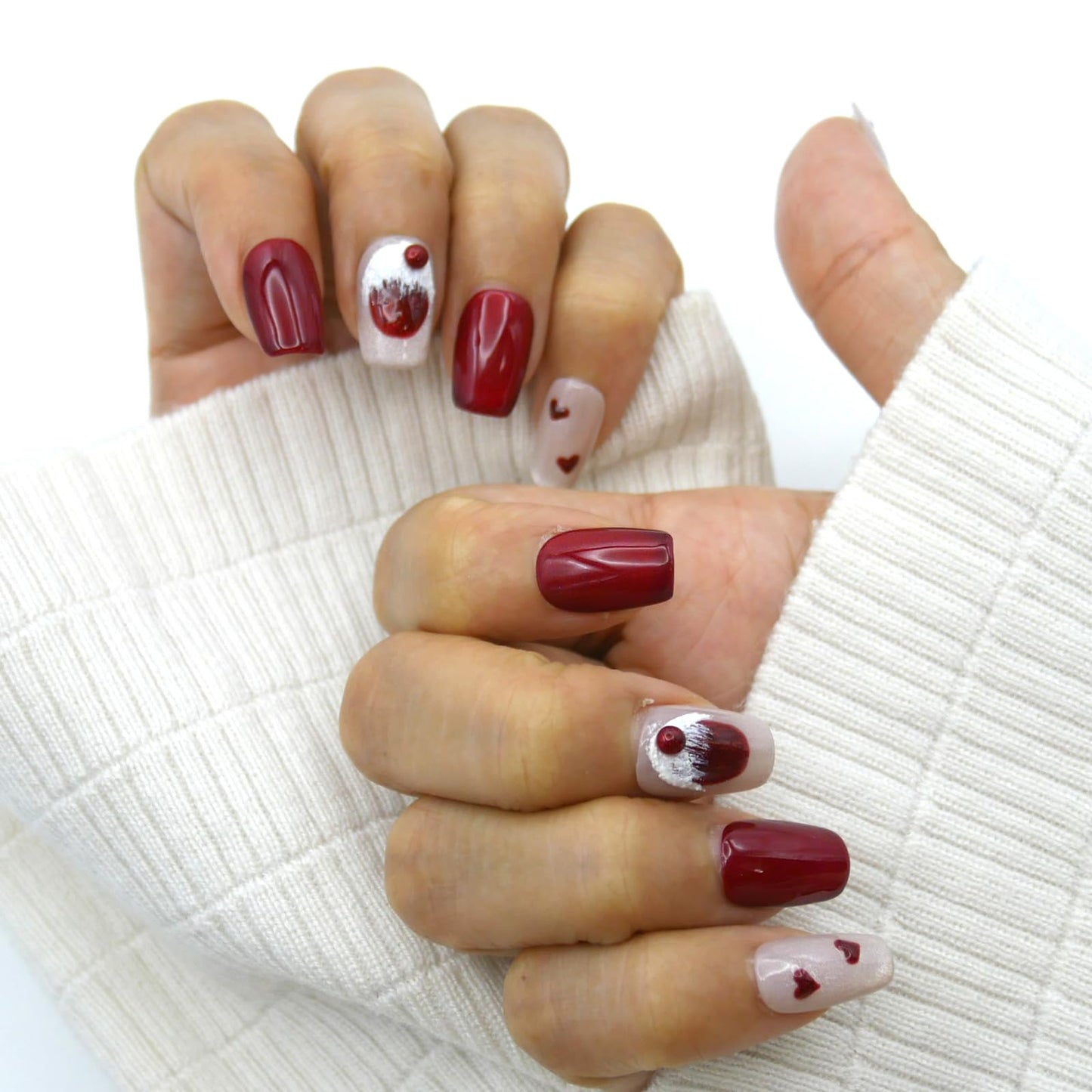 Pearl White and Red Holiday Design with Hearts and Bowson on Nail Art Design for Women, Short Press-On Nails, in 10 Sizes