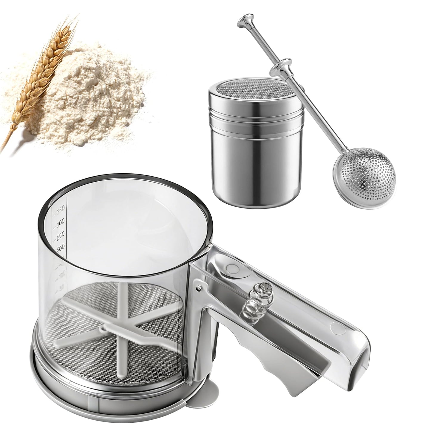 Flour Sifter, 3 Cup Flour Sifter, Sifter for Baking Sifter Handheld Baking Sieve Food-Grade Double-Filter, Powdered Sugar Shaker Duster Set for Baking Cakes, Pastries, Pies, Cupcakes and Desserts