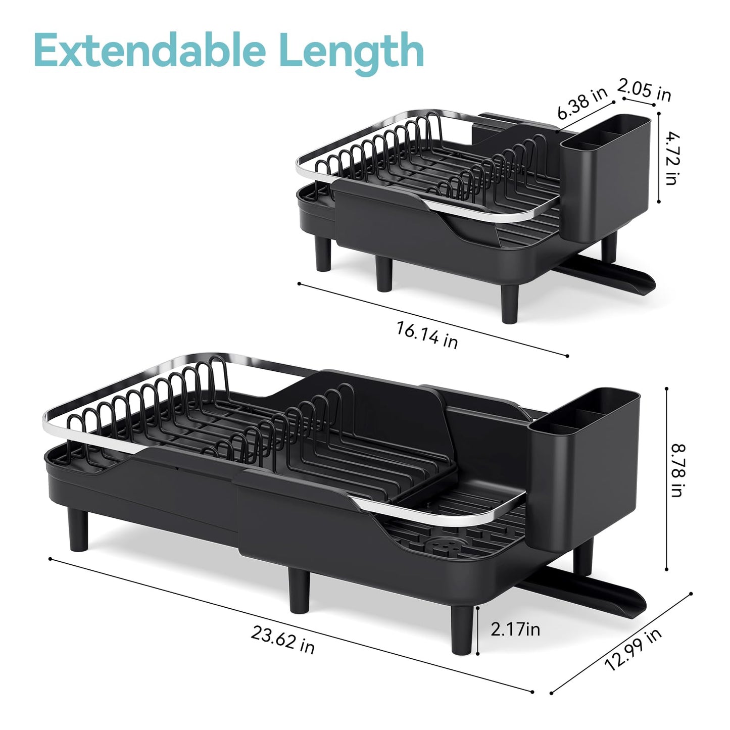 Urackify Expandable Dish Rack for Kitchen Counter,16.14"-23.62" Large Stainless Steel Dish Drying Rack with Adjustable Water Spout, Space Saving Dish Drainer with Auto Draining Cutlery Holder,Black