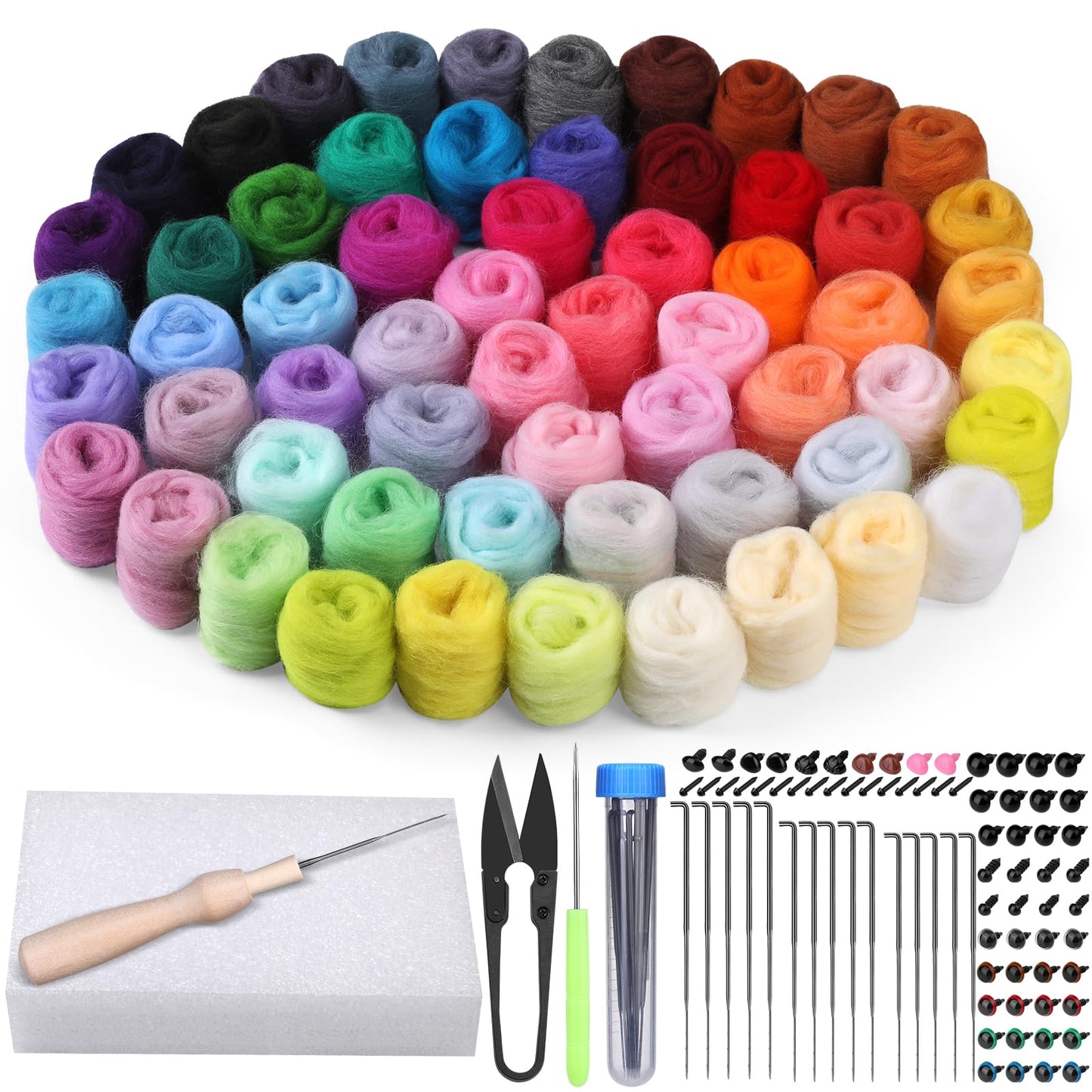 JUPEAN Needle Felting Kits, 60 Colors Wool Roving, Wool Felting Kit with Felting Needles, Foam Mat, Needle Felting Supplies