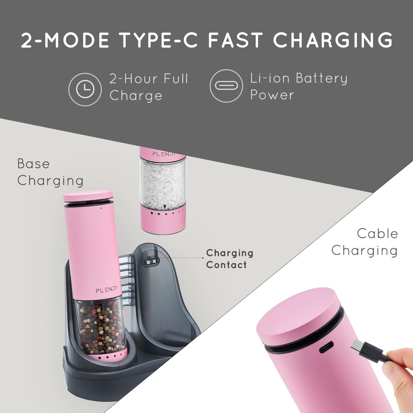 Flendy Electric Salt and Pepper Grinder Set Rechargeable, Automatic Salt and Pepper Grinder Set with Oversized Top Button, Stainless Steel Electric Salt and Pepper Shakers Set