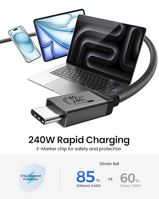 Silkland USB 4 Cable [USB-IF Certified] for Thunderbolt 4 Cable 3.3FT, 40Gbps Data Sync, 8K/5K@60Hz, 240W, USB C Thunderbolt Cable 1M, Compatible for MacBook, SSD, iPhone 17/16, Docking, eGPU, Monitor